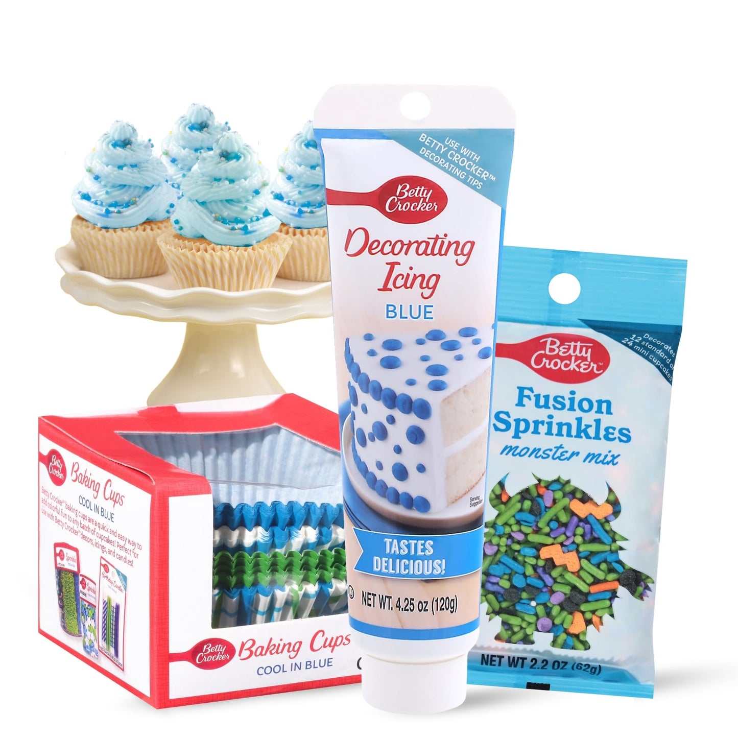 Betty Crocker Cupcake Kit - 100 Blue Cupcake Liners, Fusion Monster Mix Sprinkles, Blue Icing - Ideal for Gender Reveals & Birthdays