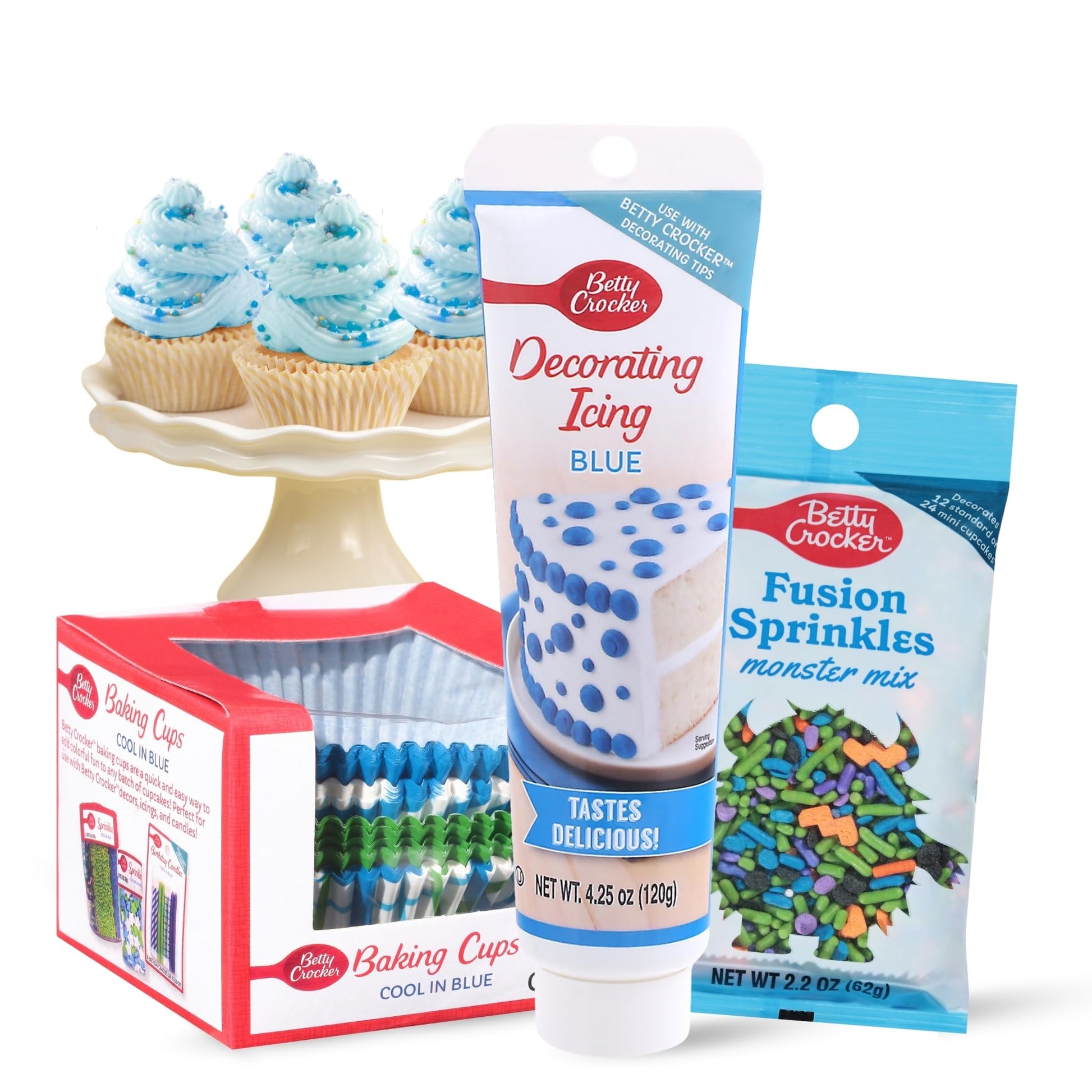 Betty Crocker Cupcake Kit - 100 Blue Cupcake Liners, Fusion Monster Mix Sprinkles, Blue Icing - Ideal for Gender Reveals & Birthdays
