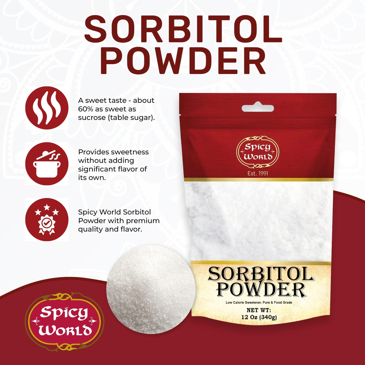 Sorbitol Powder 12oz Bag (340g) - Pure Ingredient, Low Calorie Sweetener, Food Grade, Sugar Substitute, Thickening Agent - Packa