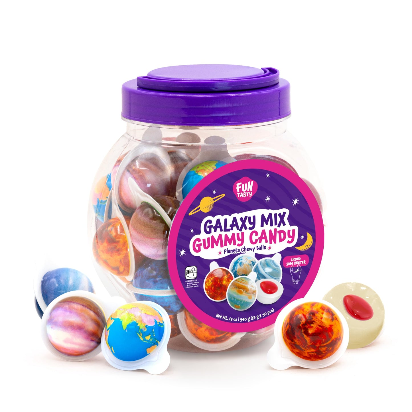 Funtasty Planet Mix Gummy Balls Candy - 19 Ounce Jar (30 Count) - Jam Center - Bubblegum Flavor - Party Favors