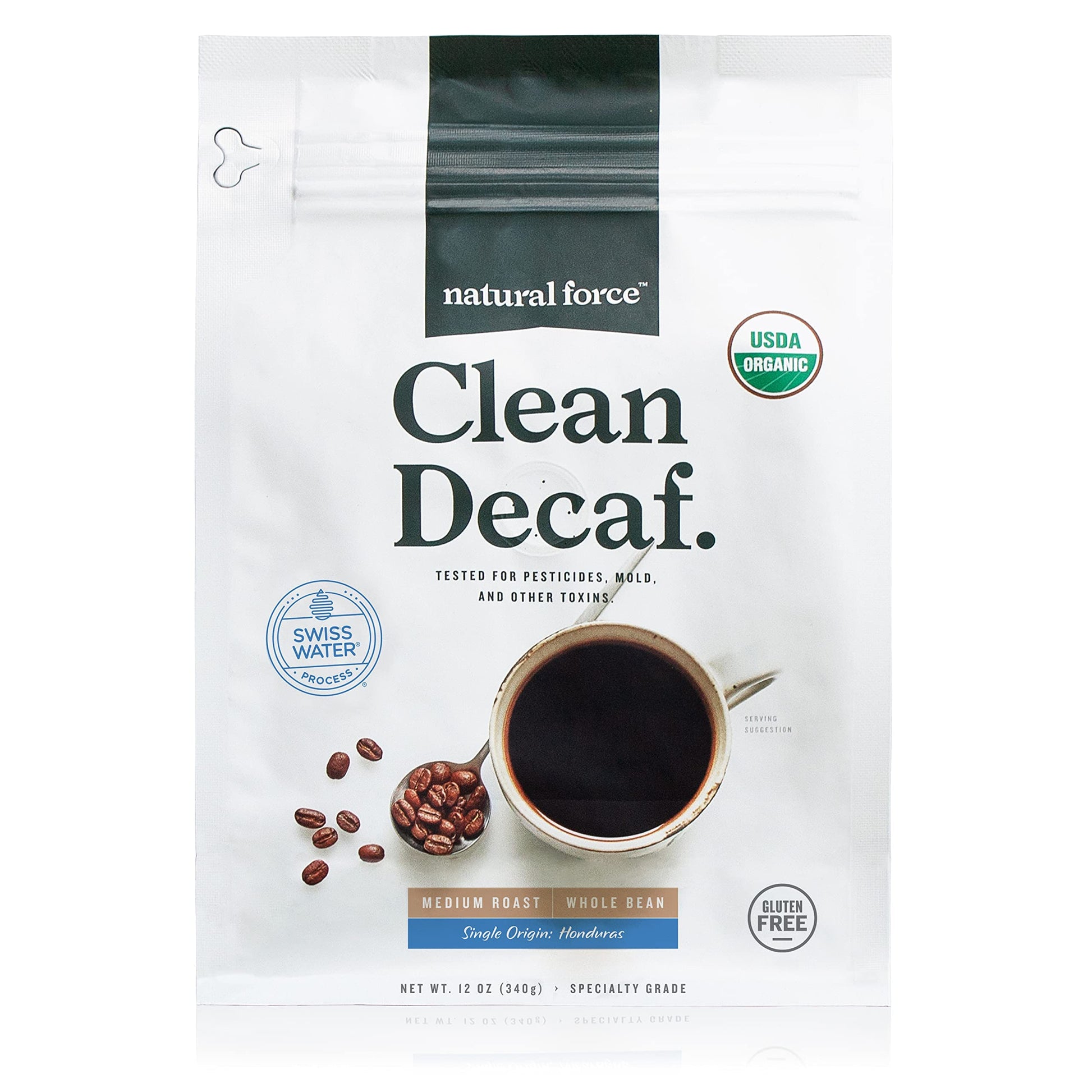 Natural Force - Organic Clean Decaf Coffee, Mold & Mycotoxin Free, Lab Tested For Toxins & Purity, Low Acidity, Whole Bean Swiss