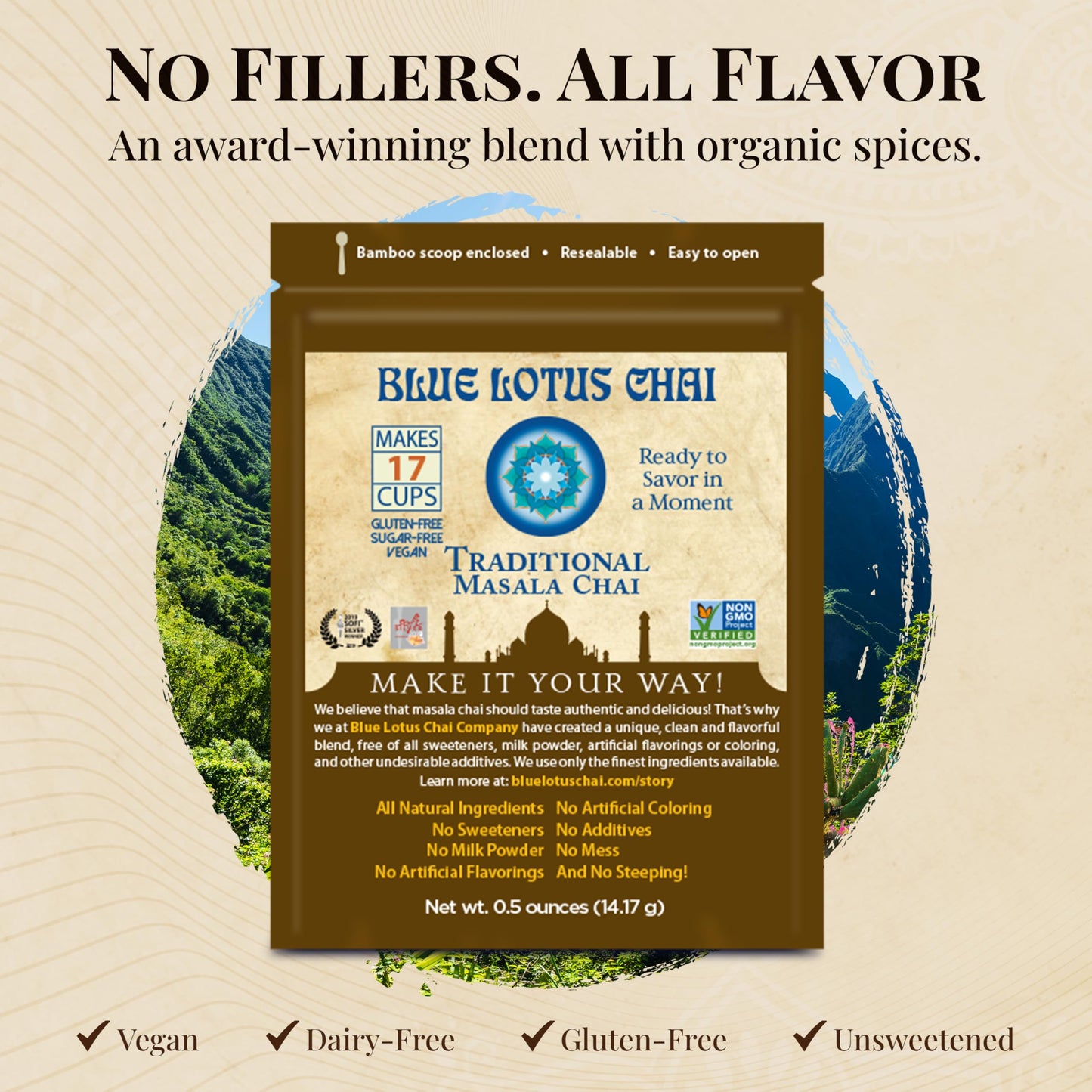 Blue Lotus Chai - Traditional Masala Chai - Makes 17 Cups - 0.5 Oz Pouch Masala Spiced Chai Powder With Organic Spices - Instant