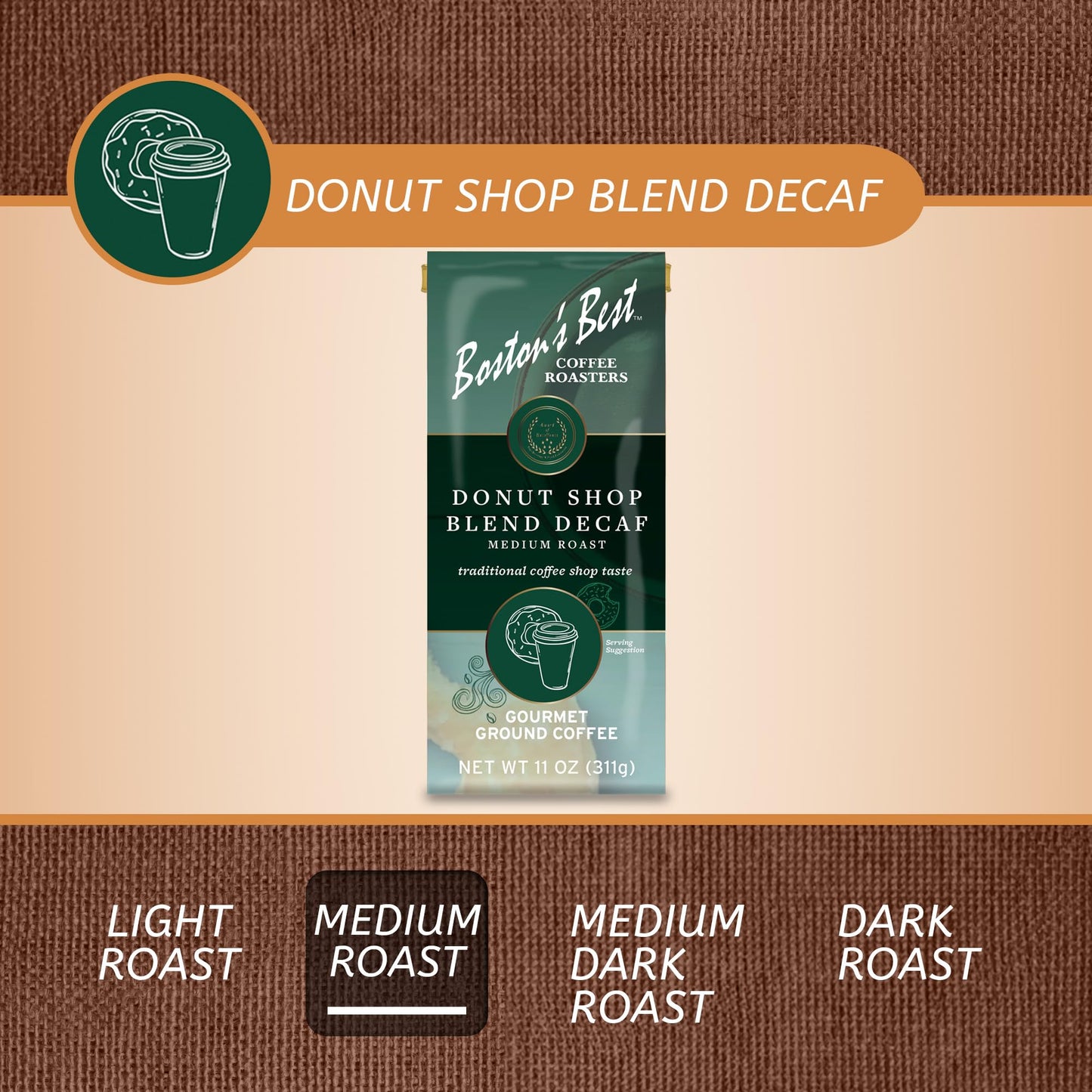 Bostons Best Coffee - Hearty Medium-Roast Donut Shop Decaf Gourmet Premium Ground Coffee, 11 Oz. / 311 G Bag