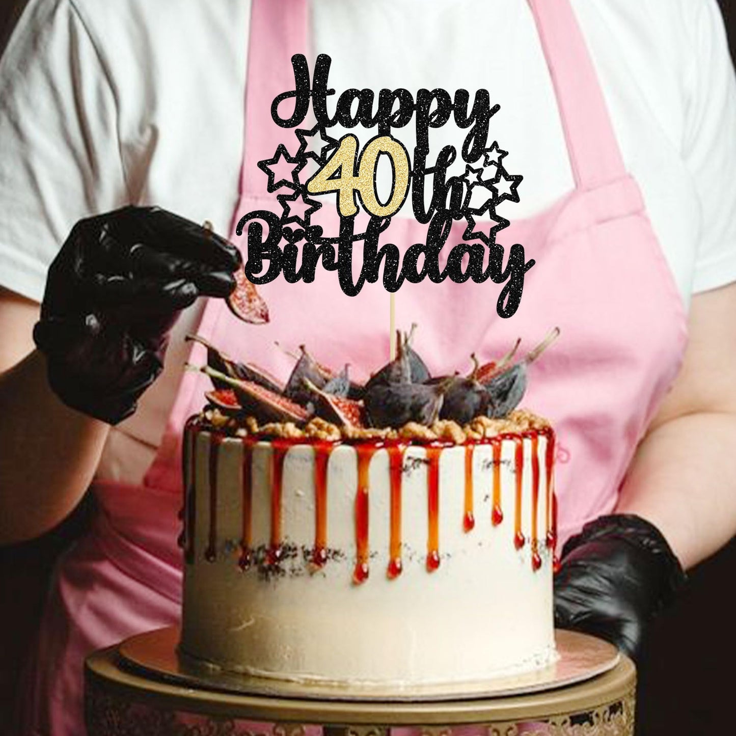 Gyufise 1Pc Happy 40Th Birthday Cake Topper Black Gold Glitter Cheers To 40 Years Birthday Cake Pick 40 Fabulous Cake Decoration