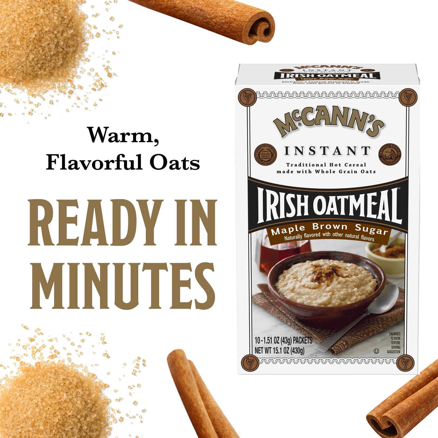 McCanns Irish Oatmeal Instant Oatmeal, Maple Brown Sugar, 10 Packets (Pack of 12)