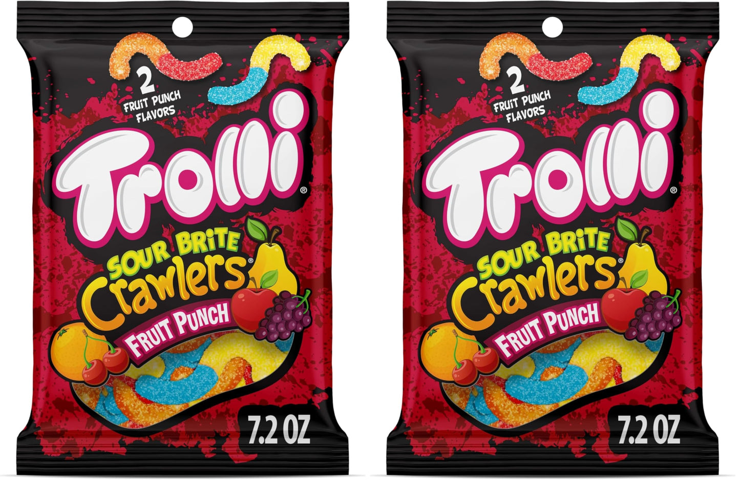 Trolli Sour Brite Crawlers Candy, Fruit Punch Flavored Sour Gummy Worms, 7.2 Ounce (Pack of 2)