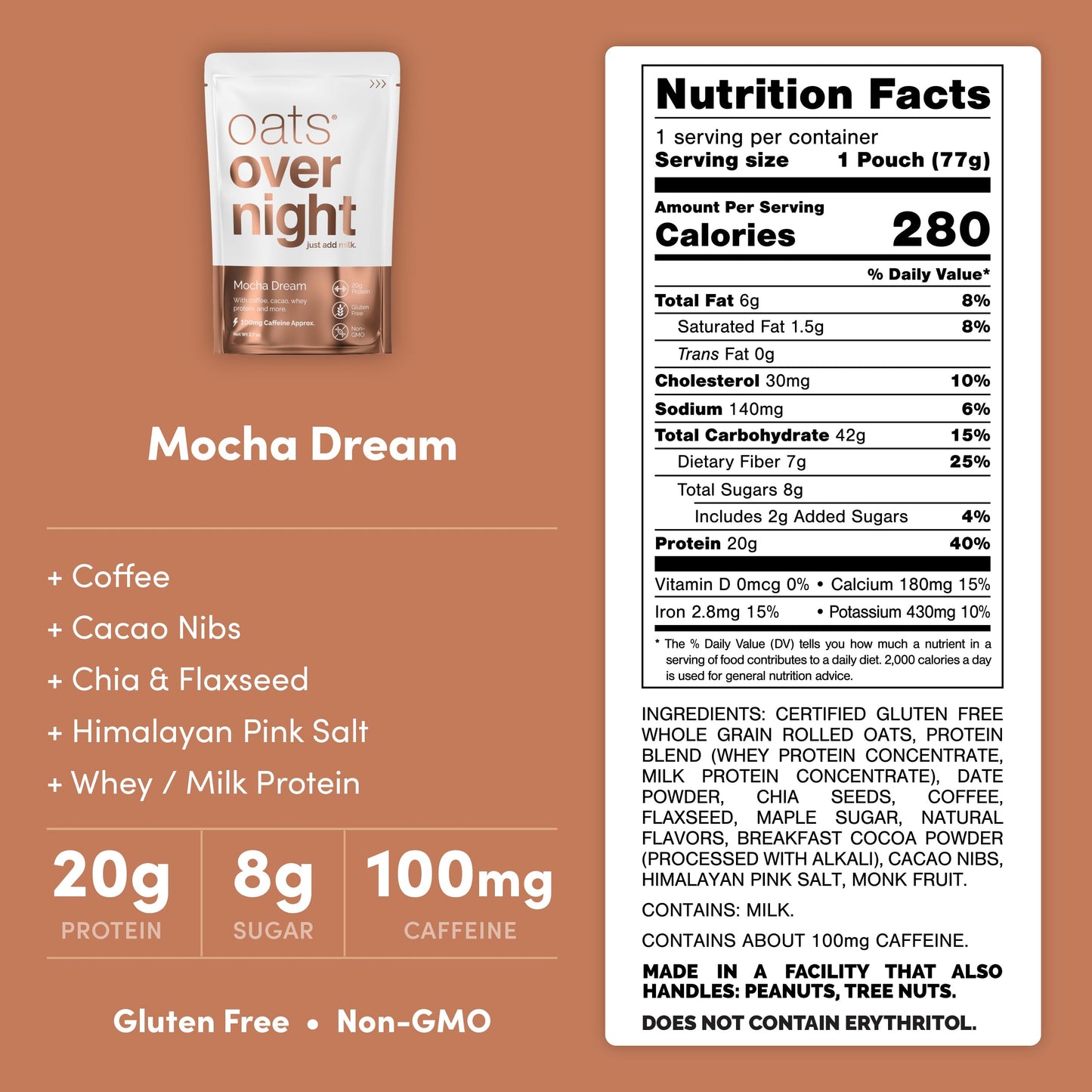 Oats Overnight Mocha Dream Breakfast Shake, 20g Protein, 100mg Caffeine, Gluten Free, 2.7 oz (8 Pack + Shaker Bottle)