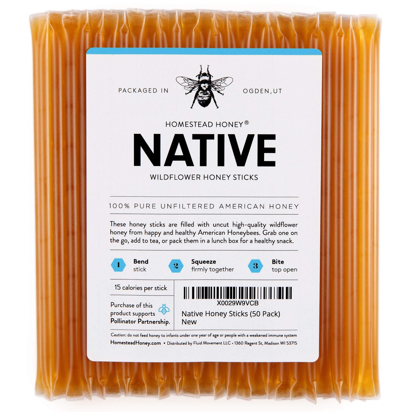 Fluid Movement Native Honey Sticks For Tea, Honey Packets Single Serve Stir Sticks, Natural Flavor, Honey Straws (Honey Sticks B