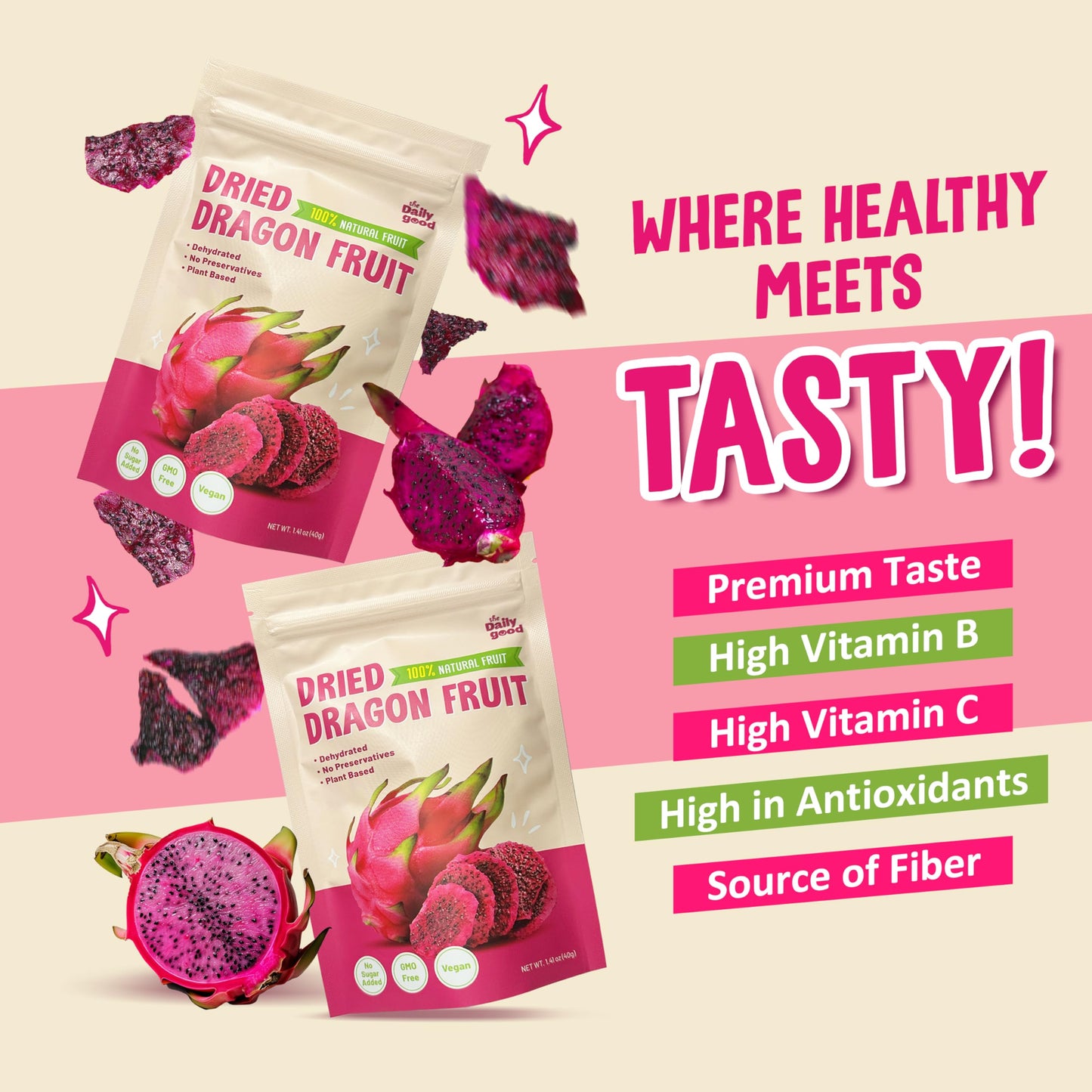 The Daily Good Soft-Dried Dragon Fruit Slices | All Natural Superfood Snacks for Adults & Kids | Healthy, Soft and Chewy | No Su
