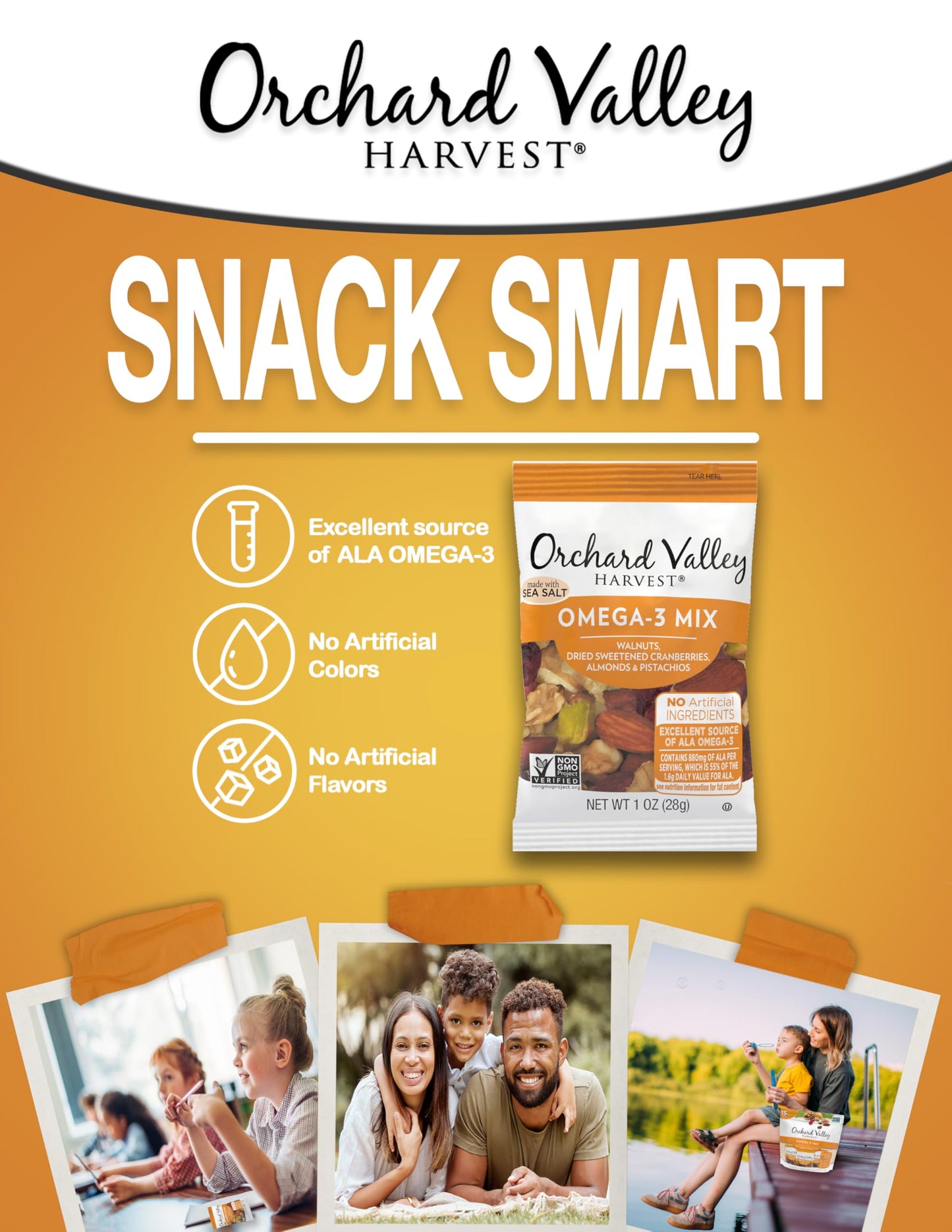 Orchard Valley Harvest Omega-3 Mix, 1 Ounce Bags (Pack Of 15), Walnuts, Cranberries, Almonds, And Pistachios, Gluten Free, Non-G