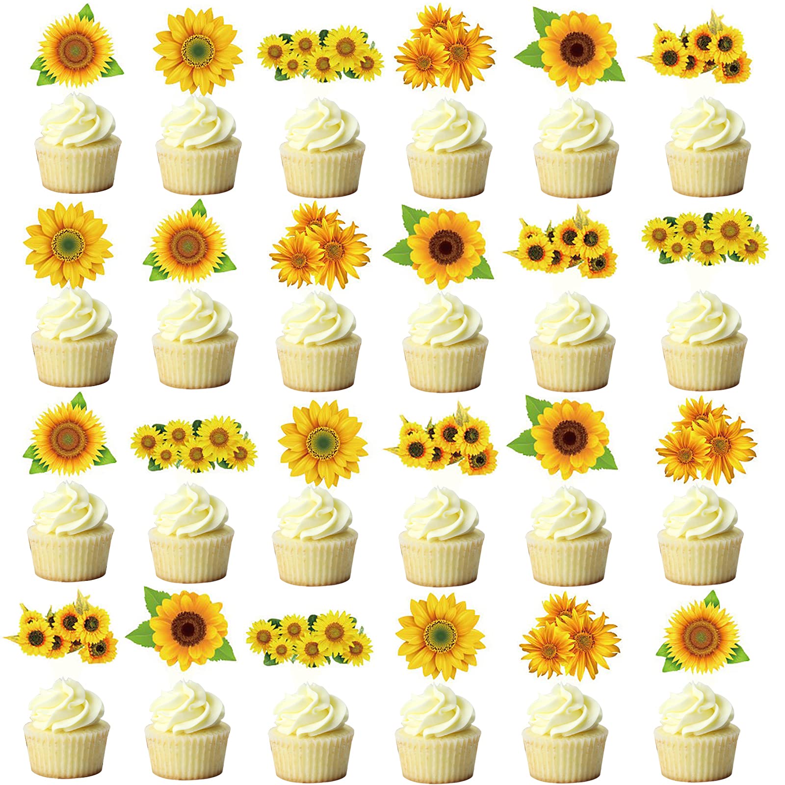 Fenghu 48 Pcs Sunflower Cupcake Toppers For Sunflower Birthday Party Decorations Supplies