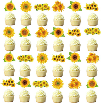 Fenghu 48 Pcs Sunflower Cupcake Toppers For Sunflower Birthday Party Decorations Supplies