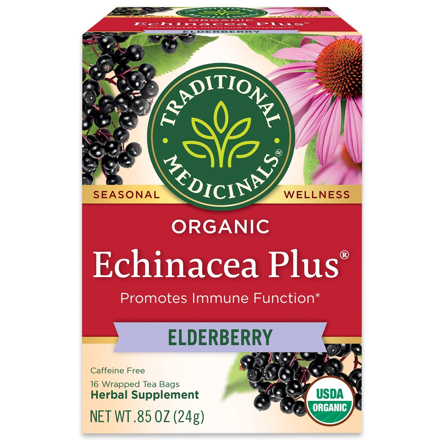 Traditional Medicinals, Seasonal Wellness, Organic, Echinacea Plus, Elderberry, 16 Tea Bags, Net wt. 0.85 Oz
