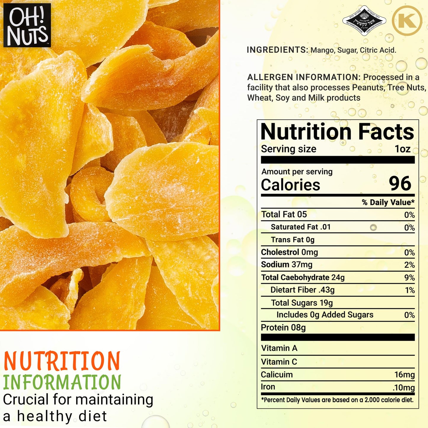 Dried Mango | 1 Lb - Dried Fruit Slices | Less Sugar Added | Dehydrated Fruit Bites | Packed In New York Zip-Seal Bag For Exceptional Freshness By Oh Nuts