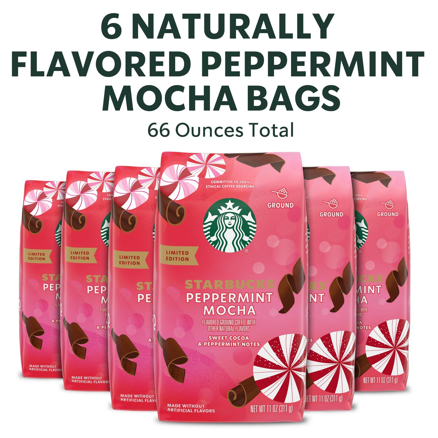 Starbucks Ground Coffee Peppermint Mocha 100% Arabica Limited Edition 6 Bags 11 Oz Each