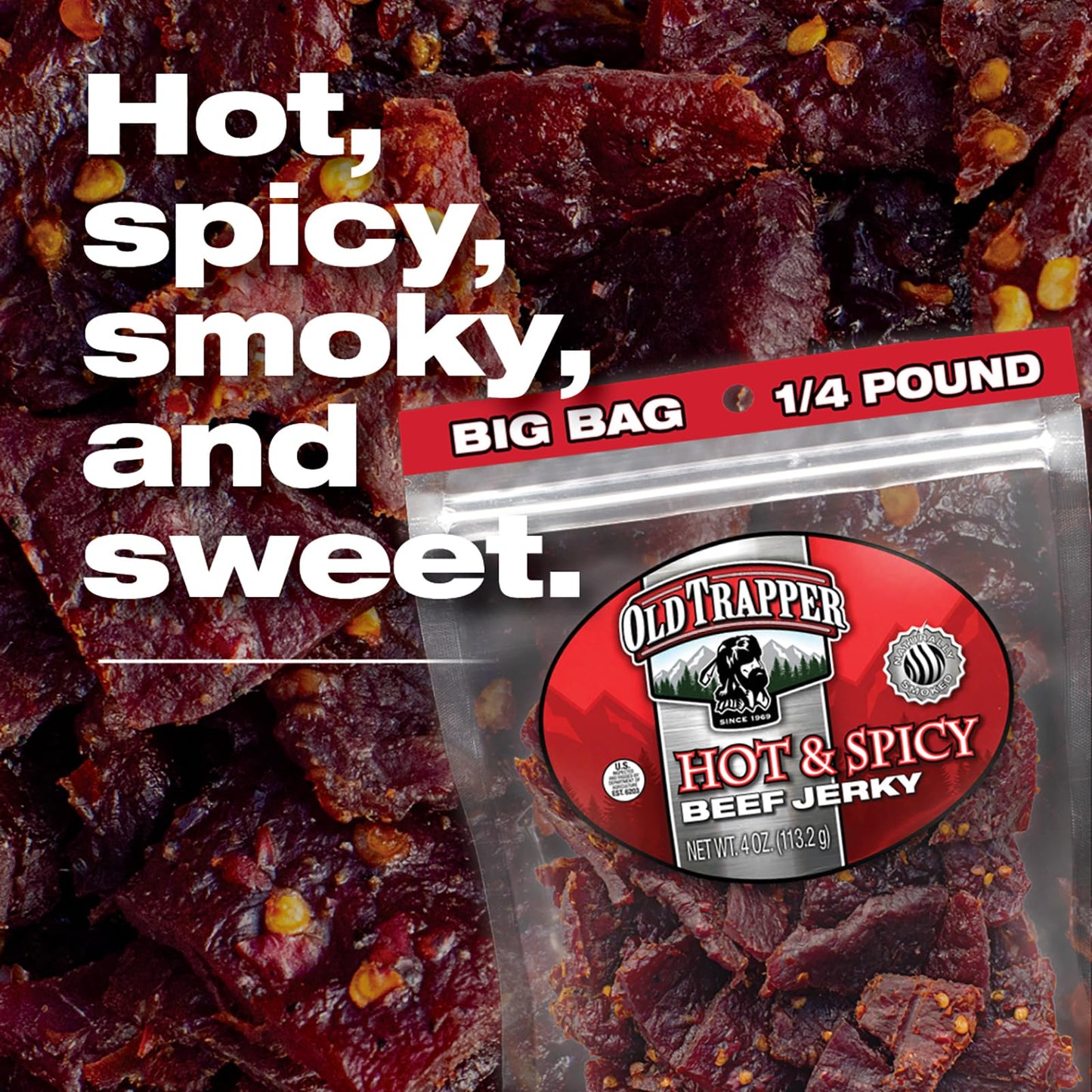 Old Trapper Beef Jerky, Hot & Spicy 1/4-Pound Individual Package, Savory And Spicy Meat Snacks For Lunches Or Between Meals, 11