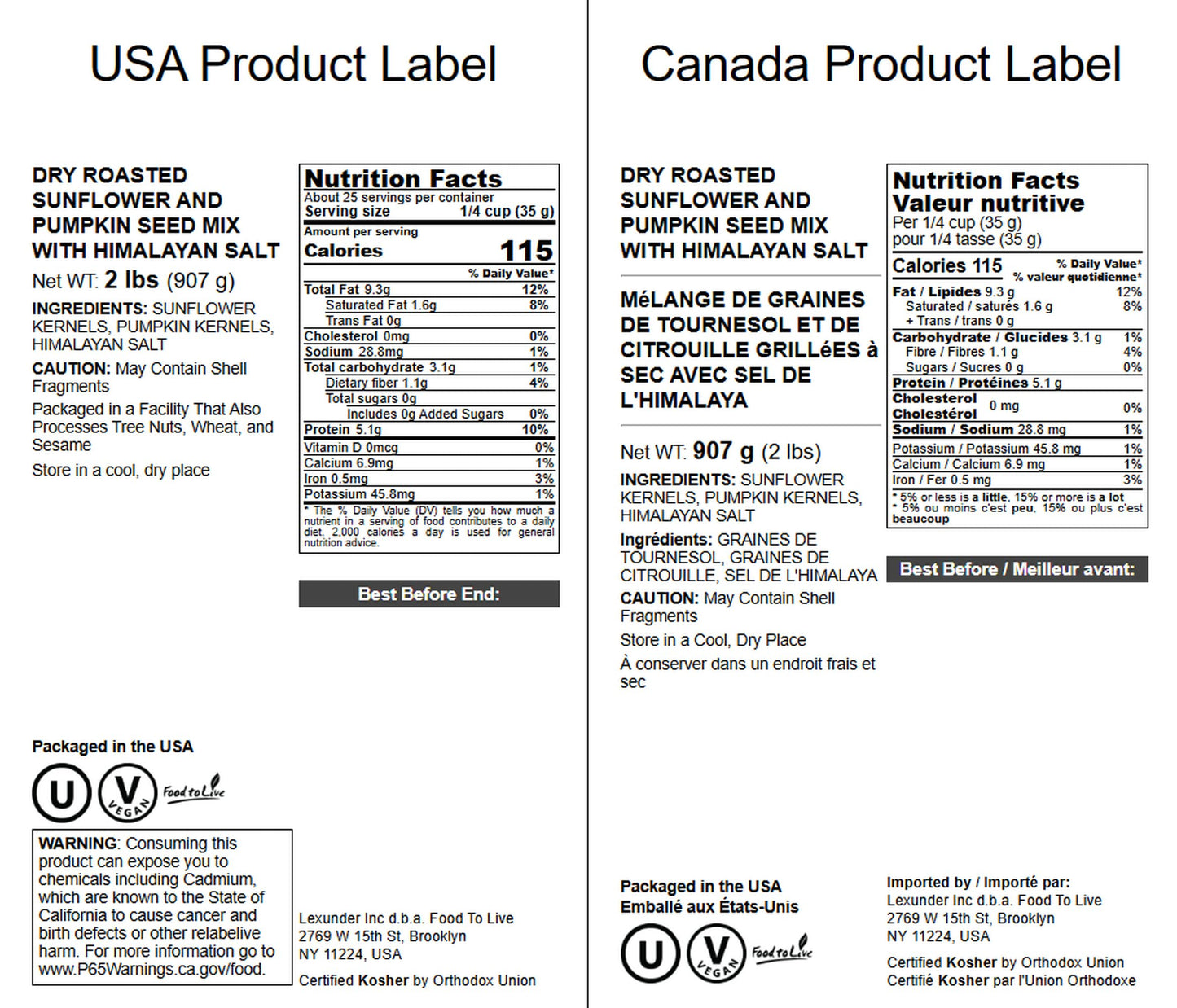 Food to Live Dry Roasted Sunflower and Pumpkin Seed Mix, Oven Roasted, Lightly Salted, 2 Pounds, Vegan, Kosher