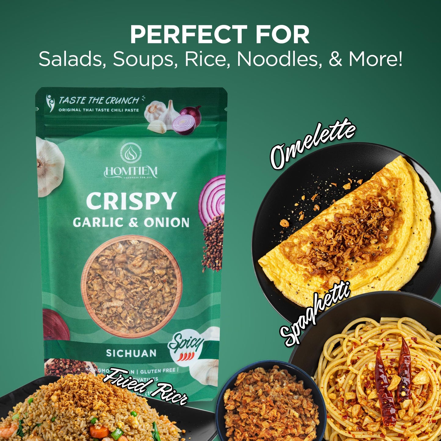 Homtiem Crispy Garlic & Onion : Sichuan 3.5 Oz., Versatile Seasoning, All-Natural, Non-Gmo, Vegan & Gluten-Free, Ready-To-Use, K