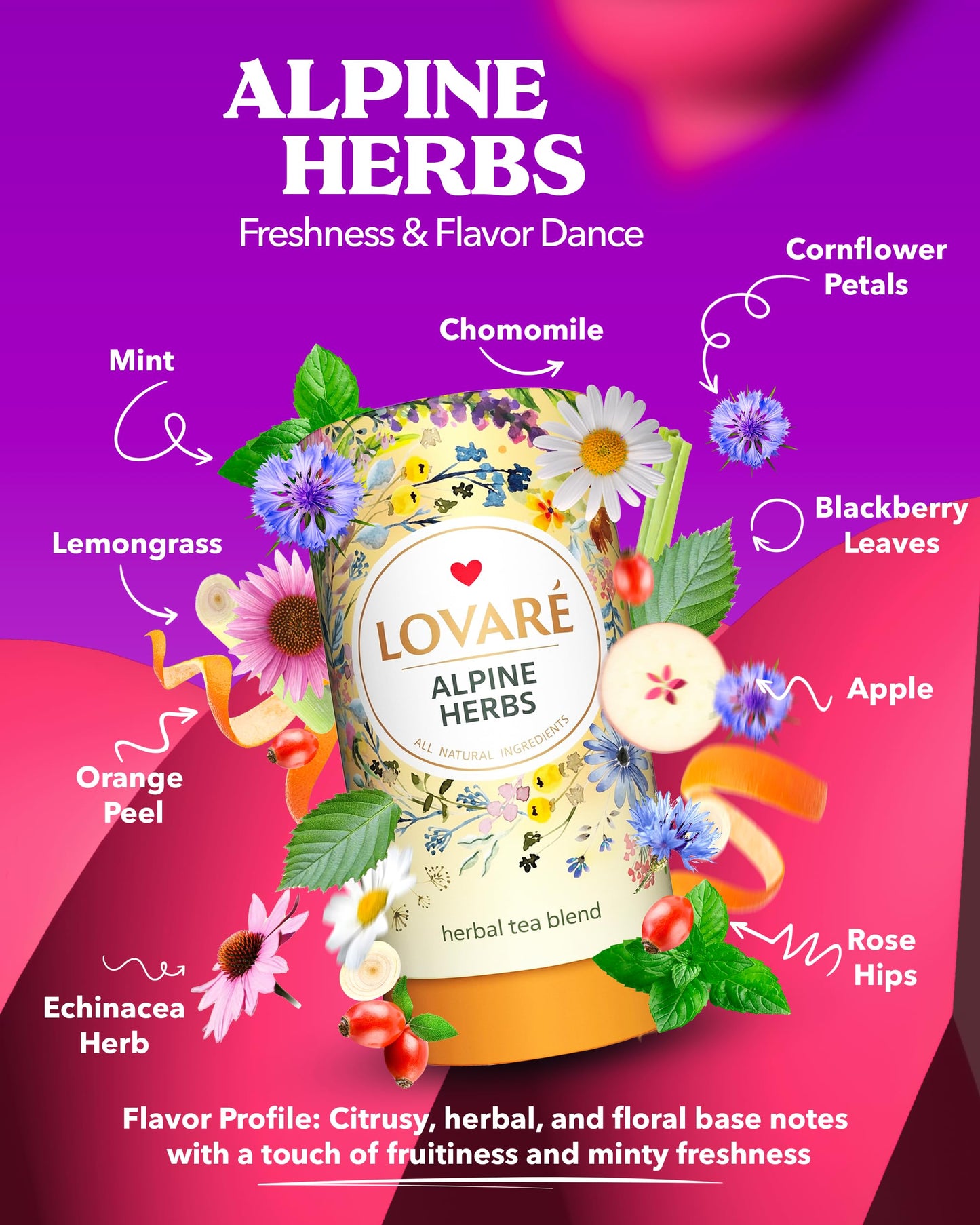 LOVARE Alpine Herbs Loose Leaf Tea 80 g - Made in Ukraine - Lemongrass, Chamomile Flowers, Rose Hips, Orange Peel and Blossom, B