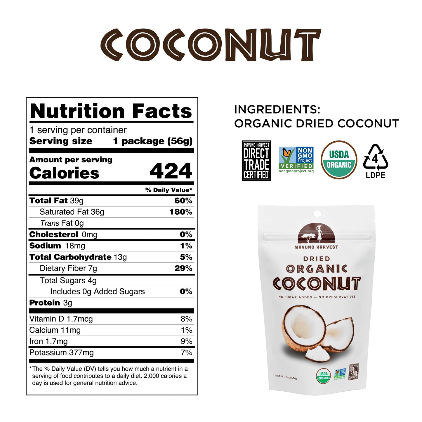 Mavuno Harvest Coconut Chips Dried Fruit Snack | Unsweetened Organic Dried Coconut Strips | Gluten Free Snack | Healthy Snacks For Kids And Mature-Themeds | Vegan, Non Gmo, Direct Trade | 2 Ounce, Pack Of 6