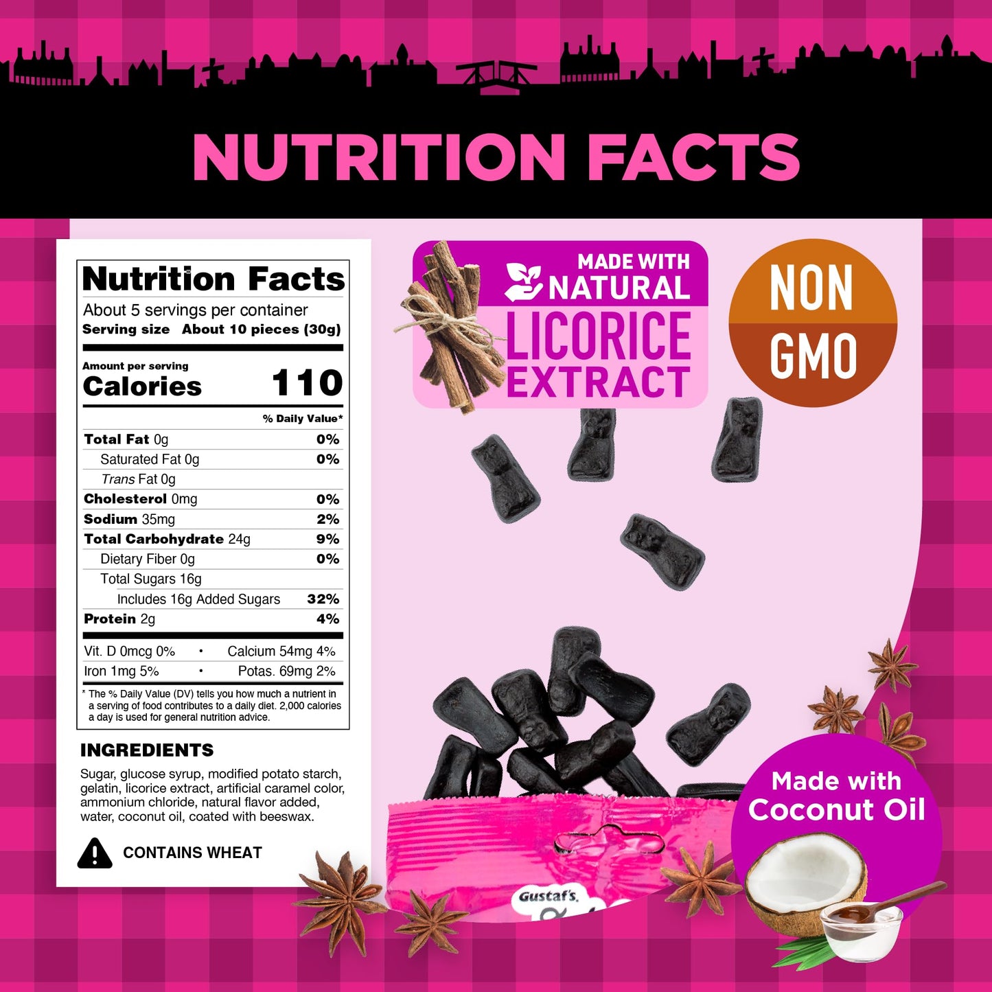 Gustafs Dutch Licorice Cats - Sweet Black Licorice   - 5.2oz Bags - 12 Pack - Black - Model 86232319332