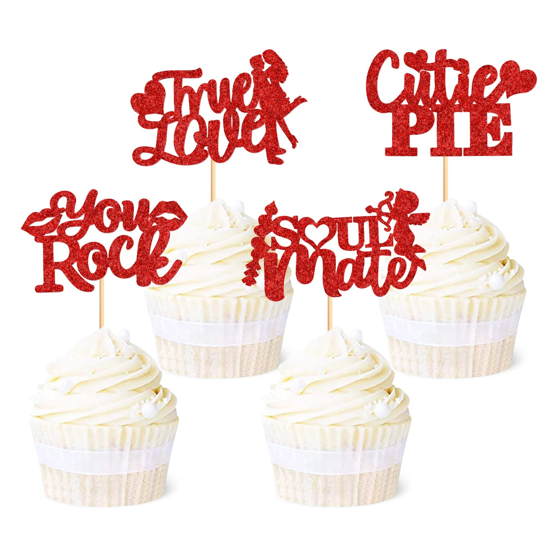 Ercadio 24 Pack Cutie Pie Cupcake Toppers Red Glitter Valentine