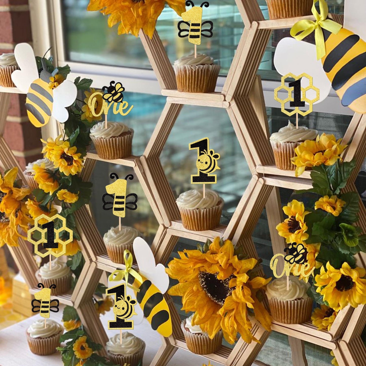 24 Pcs Bee One Cupcake Toppers Black And Gold Glitter Honeycomb Number 1 Bee Cupcake Picks 1St Birthday Cake Decoration For Bumb