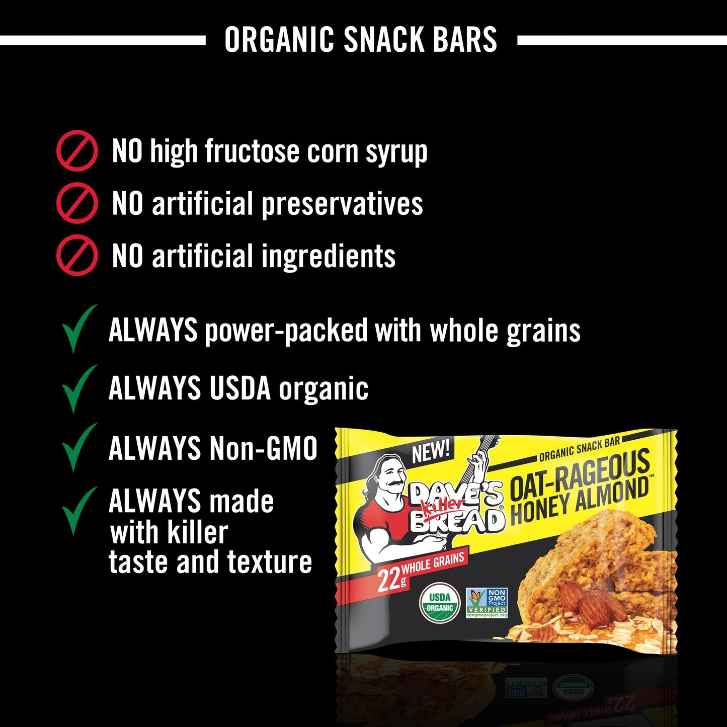 Daves Killer Bread Oat-Rageous Honey Almond Organic Snack Bars  4 Individually Wrapped Snack Bars