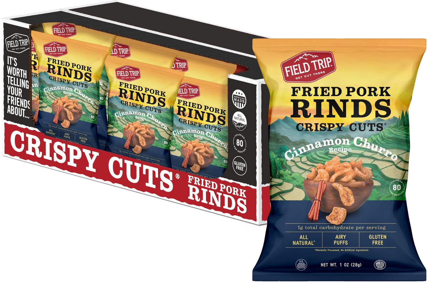 Field Trip Crispy Cuts Pork Rinds, Keto Snack, High Protein, Gluten Free, Low Sugar, Low Carb, Cinnamon Churro, 1Oz, 12 Pack, Holiday & Christmas Gift Item