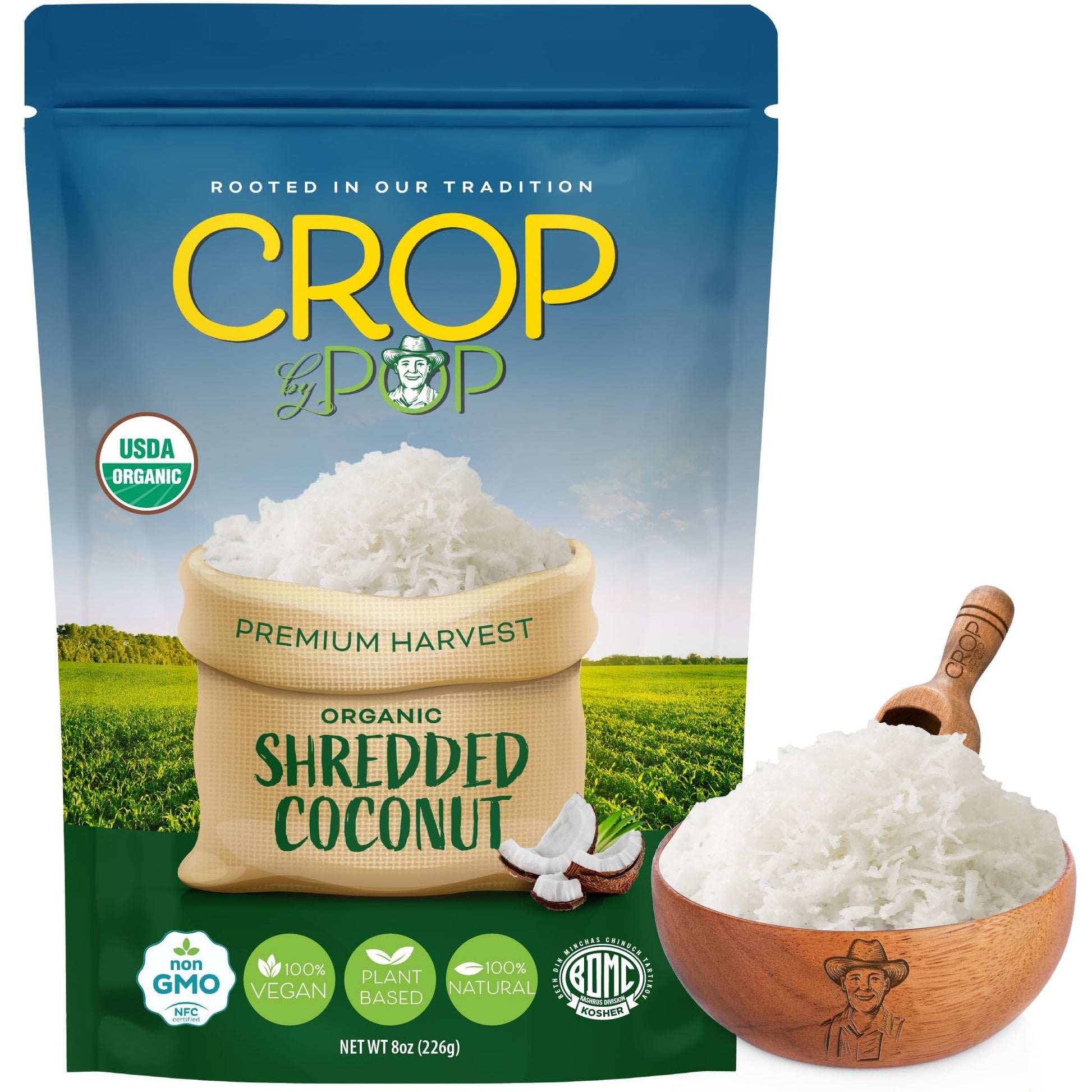 CROP BY POP - Organic Shredded Coconut Flakes, Unsweetened, No Sugar Added, Medium Desiccated, Dry (8oz - 1 Pack) Non GMO, Glute