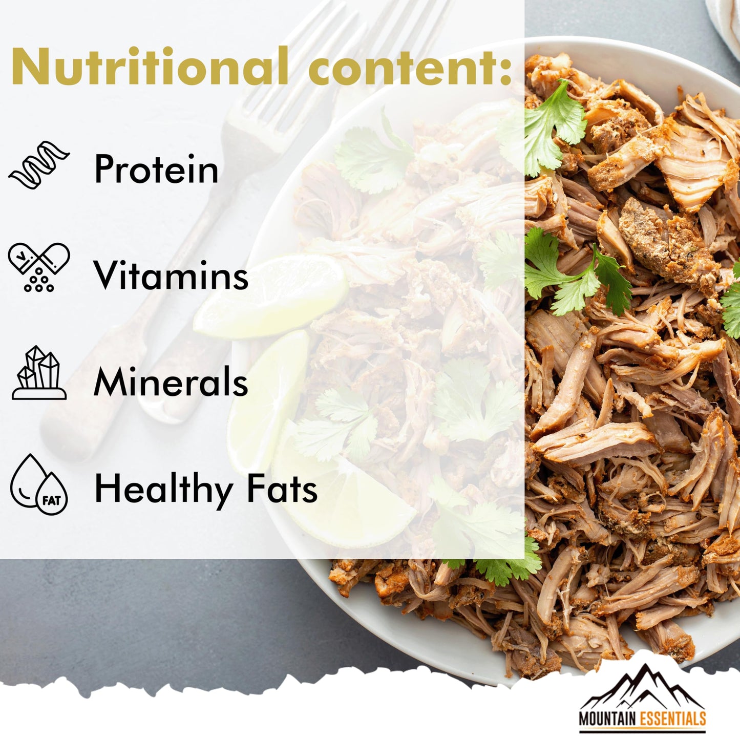 Mountain Essentials Freeze-Dried Shredded Pork – Fully Cooked, Ready-To-Eat Meat | 10 Servings Per Pouch | 7-Year Shelf Life | Ideal For Daily Meals, Camping, Emergency Preparedness & Survival | Made In Usa | Pack Of 1