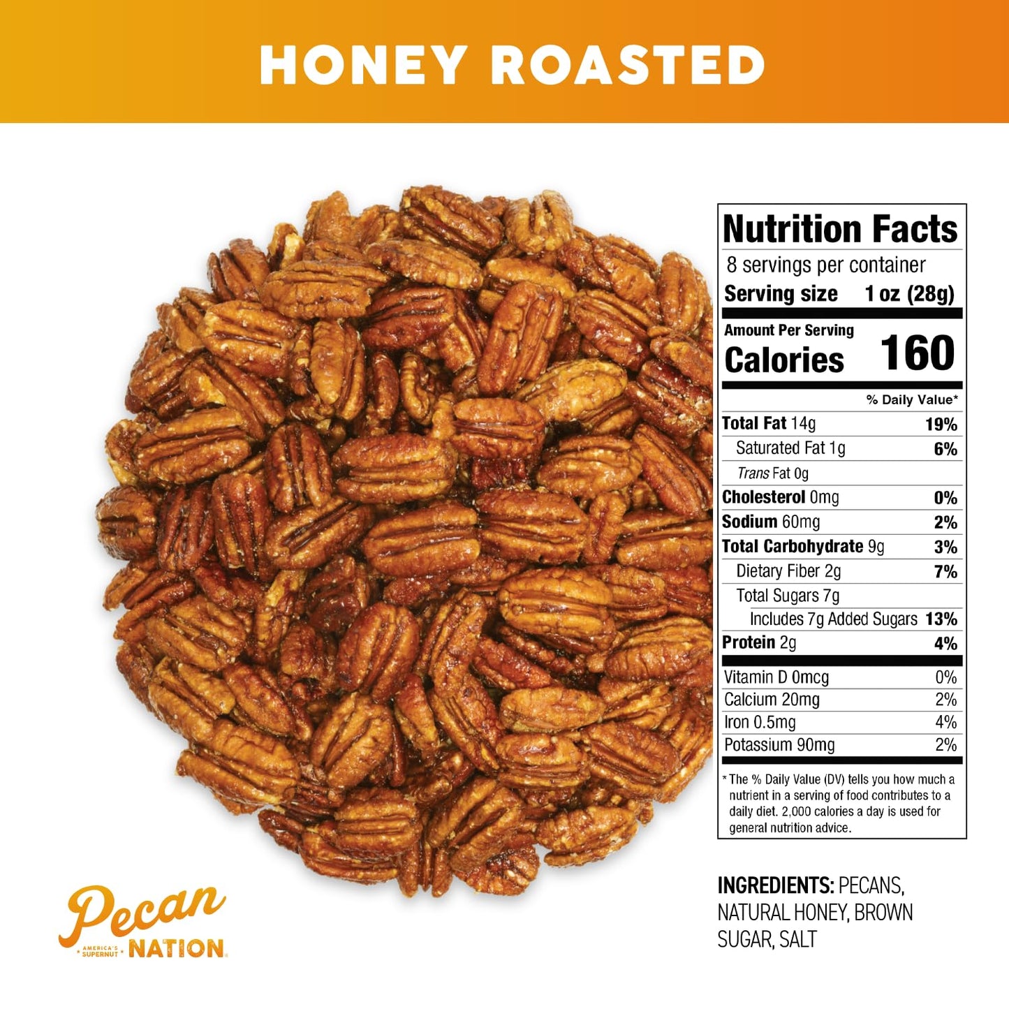 Pecan Nation Honey Roasted Georgia Pecans, 8 Oz., Natural, No Preservatives, Anti-Oxidant Rich, Non-Gmo, Irresistible Healthy Sn