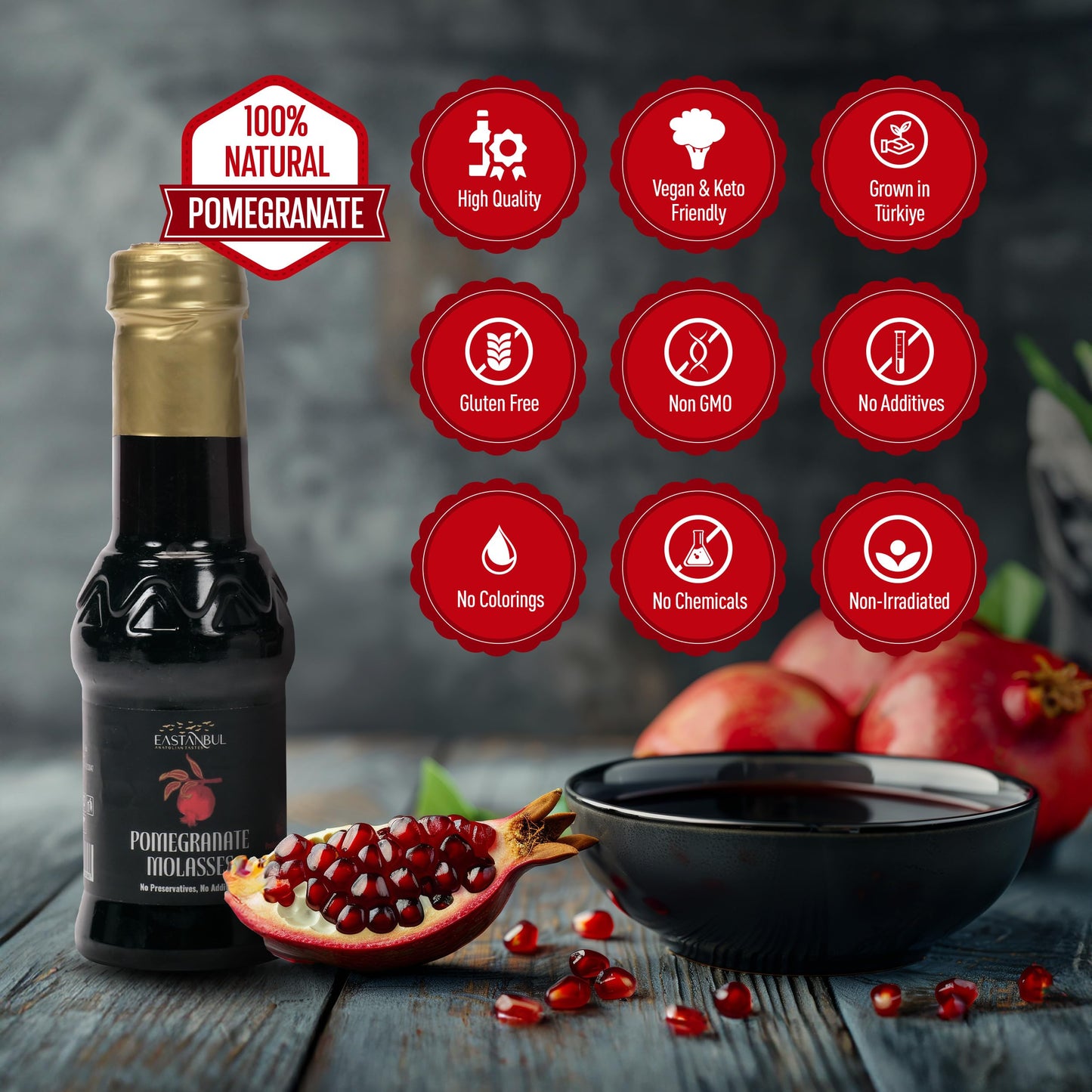 Eastanbul Pomegranate Molasses  9.7oz  No Added Sugar  Mediterranean Pomegranate Syrup  Nar Eksisi Sweet and Sour Sauce  100% Natural  Concentrate  Vegan Sauce  Paste  Salad Dressing  No Additives