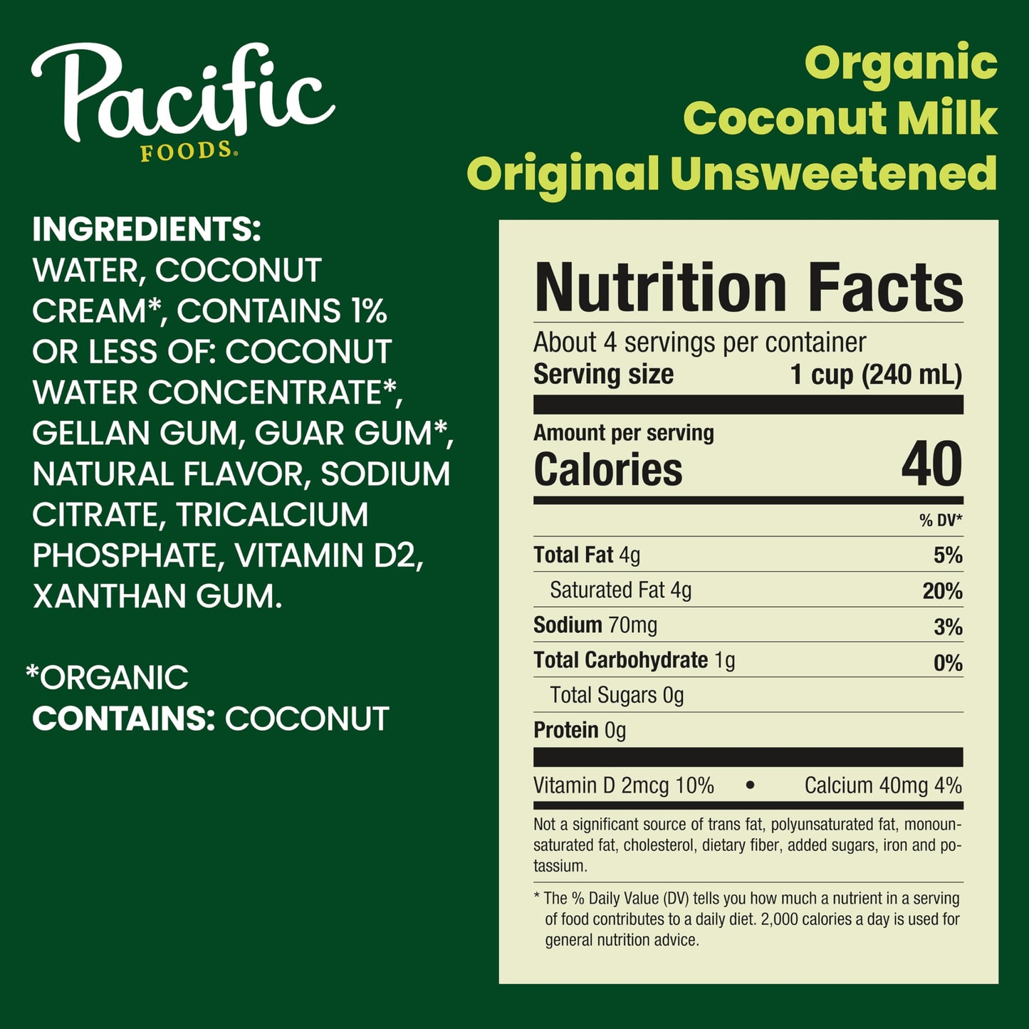 Pacific Foods Organic Unsweetened Coconut Milk, Plant Based Milk, 32 oz Carton (Pack of 6)
