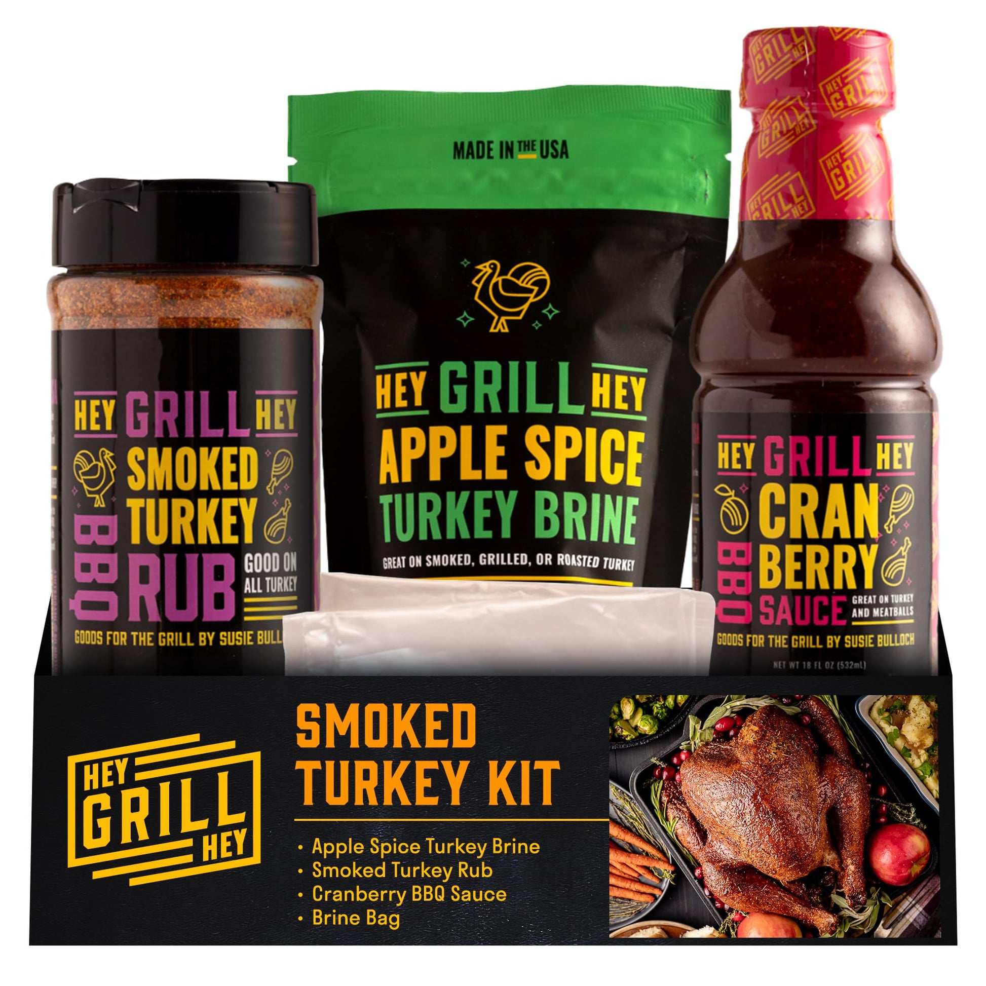 Hey Grill Hey | Turkey Brine Kit | | Includes Apple Spice Brine  Smoked Turkey Rub  and Cranberry BBQ Glaze| Smoked Turkey Brine & Seasoning Kit