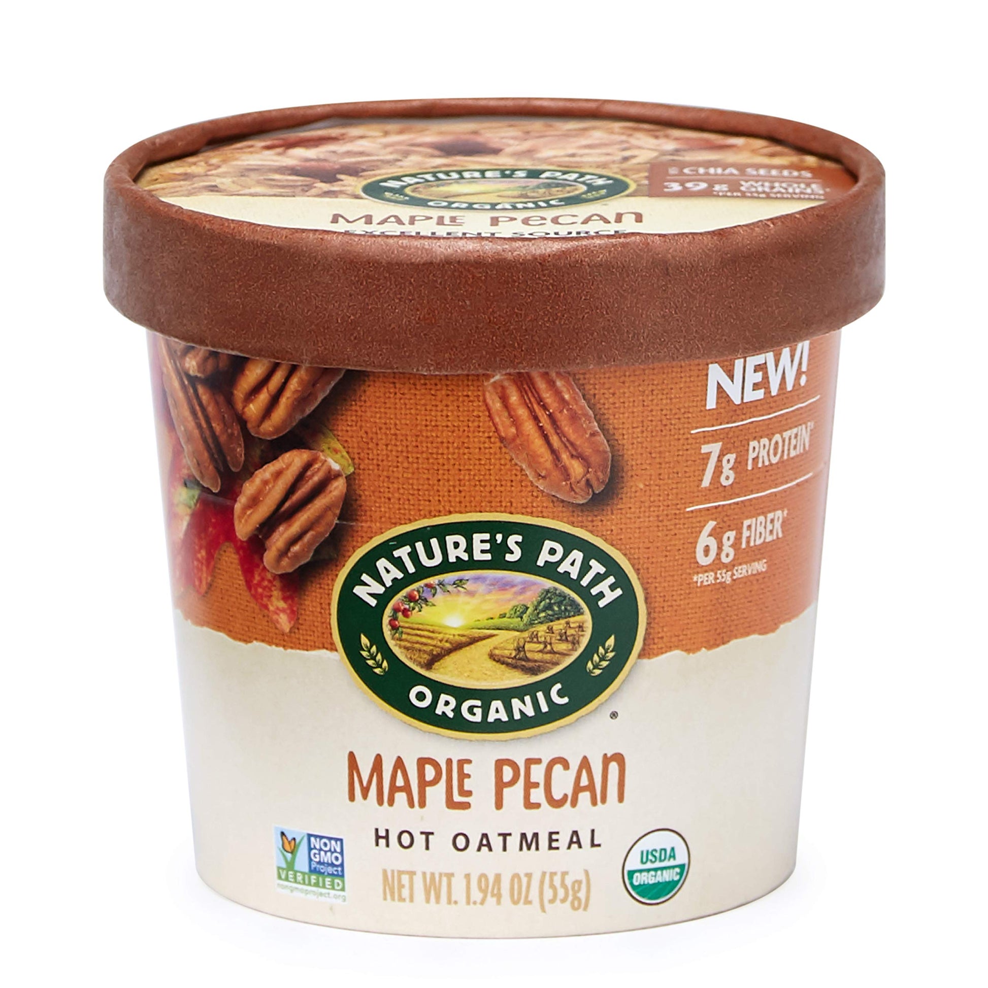 Nature's Path Organic Maple Pecan Instant Oatmeal Cup, Non-GMO, 7g Plant Based Protein, with Omega-3 Rich Chia Seeds, 1.94 Ounce