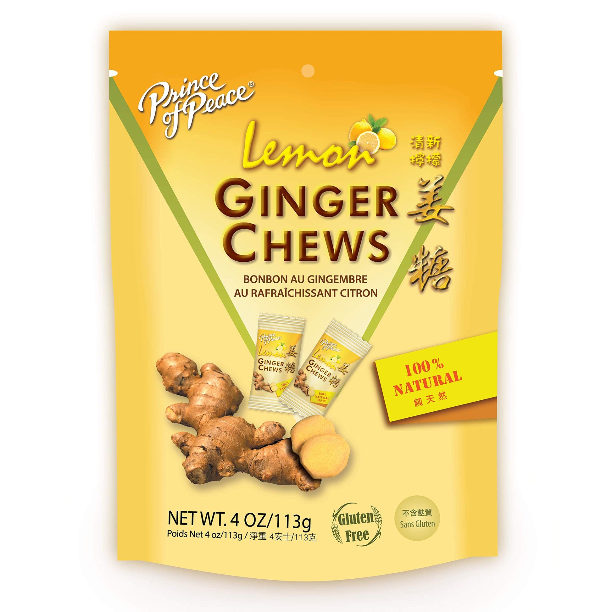 Prince Of Peace Ginger Chews With Lemon, 4 Oz. - Candied Ginger - Lemon Candy - Lemon Ginger Chews - Natural Candy - Ginger Cand