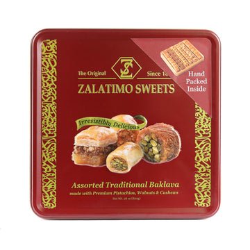 Zalatimo Sweets Since 1860, 100% All Natural Assorted Baklava, Slightly Sweet Baklava In Square Metal Gift Tin, No Preservatives