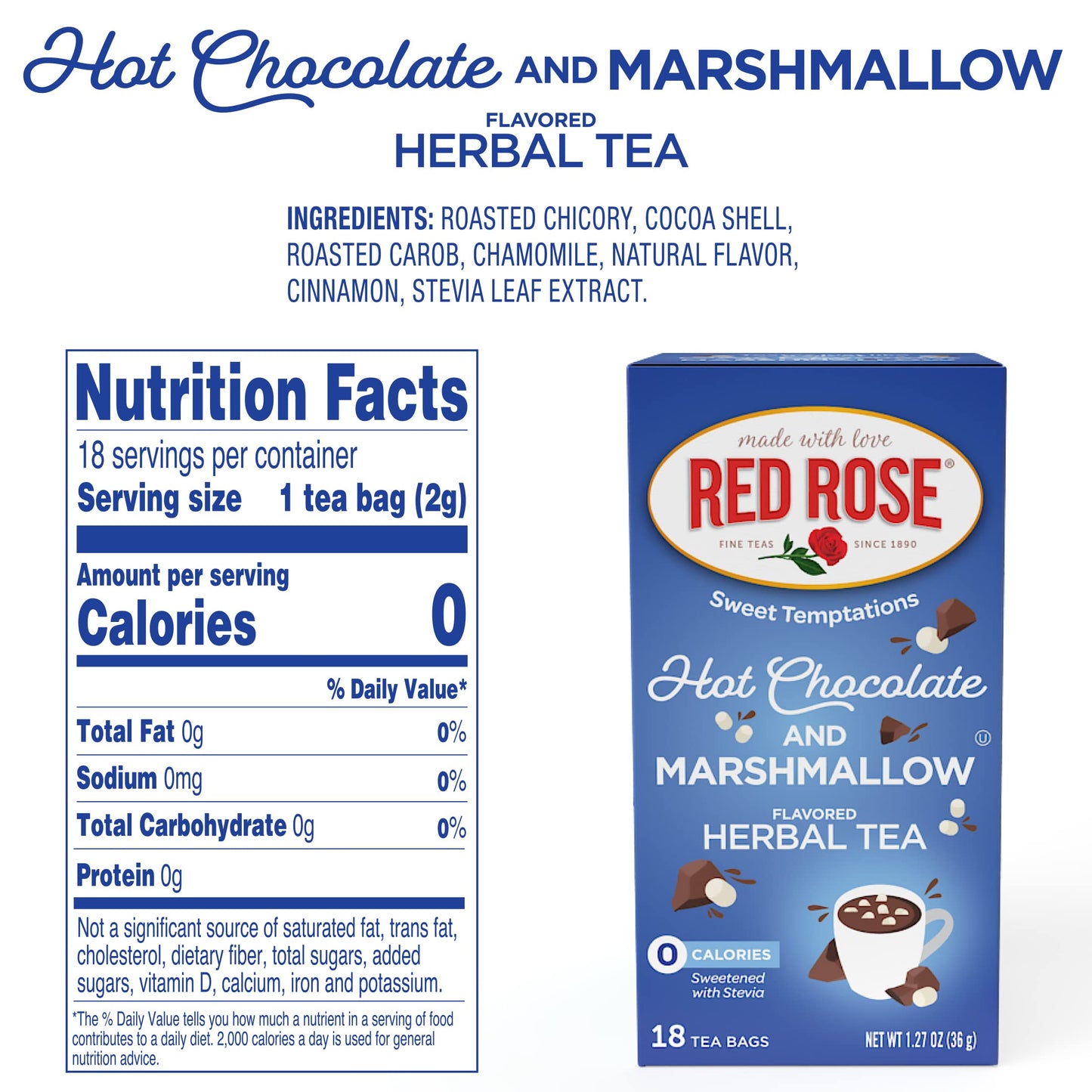 Red Rose Dessert Tea Hot Chocolate with Marshmallow, Caffeine-Free, 18 Count (Pack of 6)