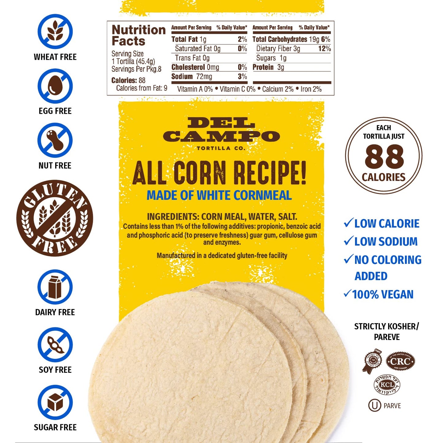Del Campo Tortillas Soft Corn Tortillas, Gluten Free, 8 Inch, 14 Ounce (Pack of 1)