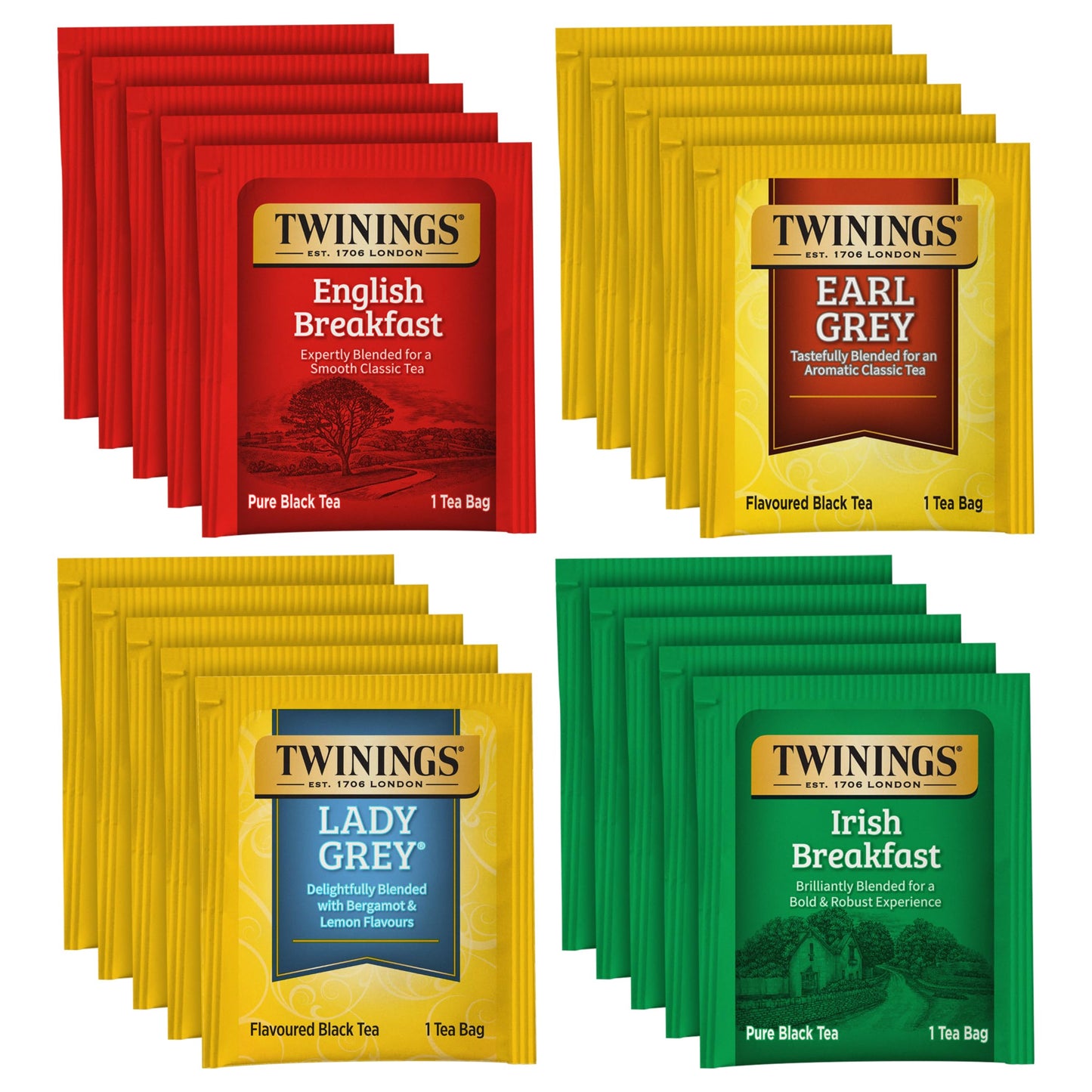 Twinings Black Tea Variety 2-Pack with Earl Grey Tea, English Breakfast Tea, Irish Breakfast Tea, and Lady Grey Tea Bags, Indivi