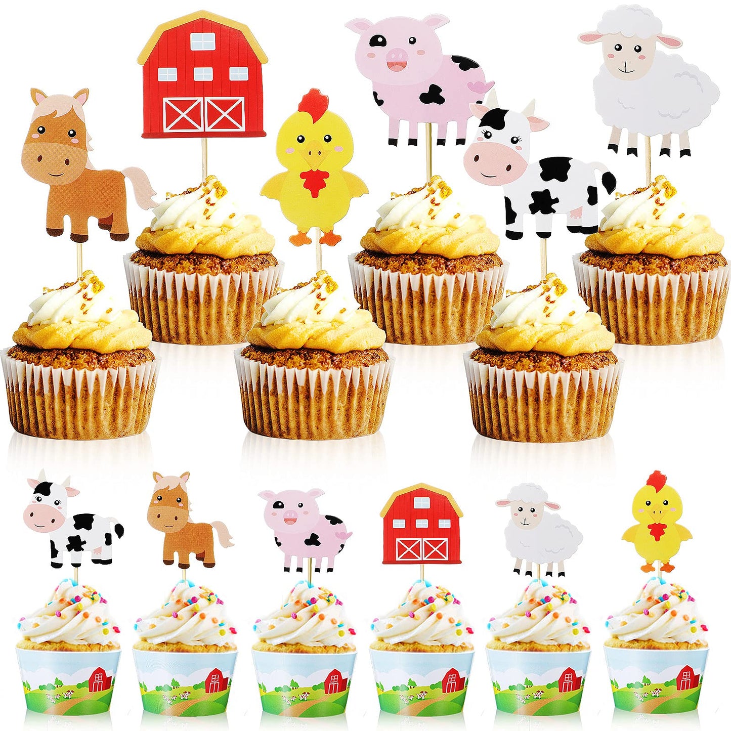 48 Pieces Farm Animal Theme Cupcake Topper And Wrappers Rustic Farmhouse Cupcake Picks Cup Wrapper For Farm Theme Party Birthday