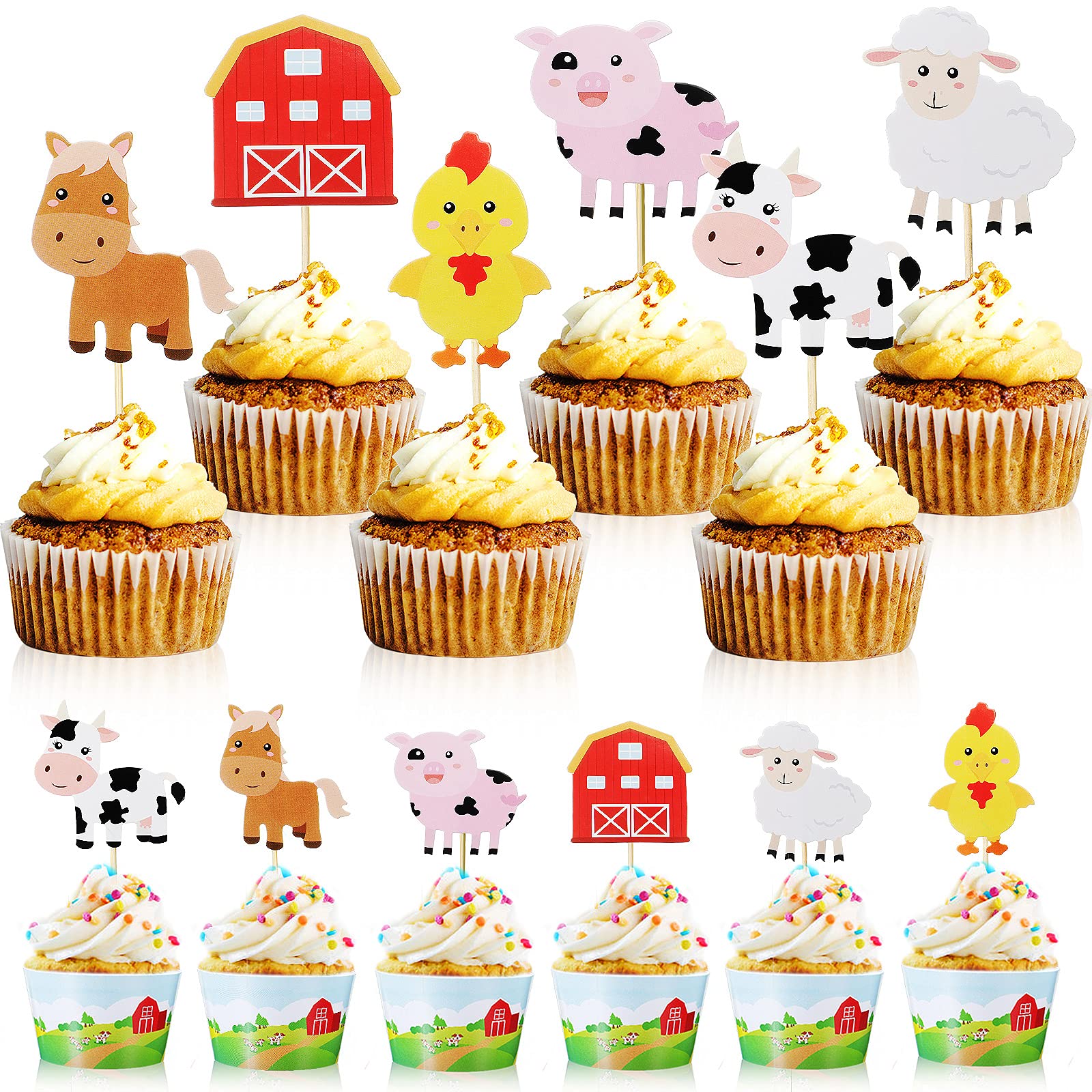 48 Pieces Farm Animal Theme Cupcake Topper And Wrappers Rustic Farmhouse Cupcake Picks Cup Wrapper For Farm Theme Party Birthday