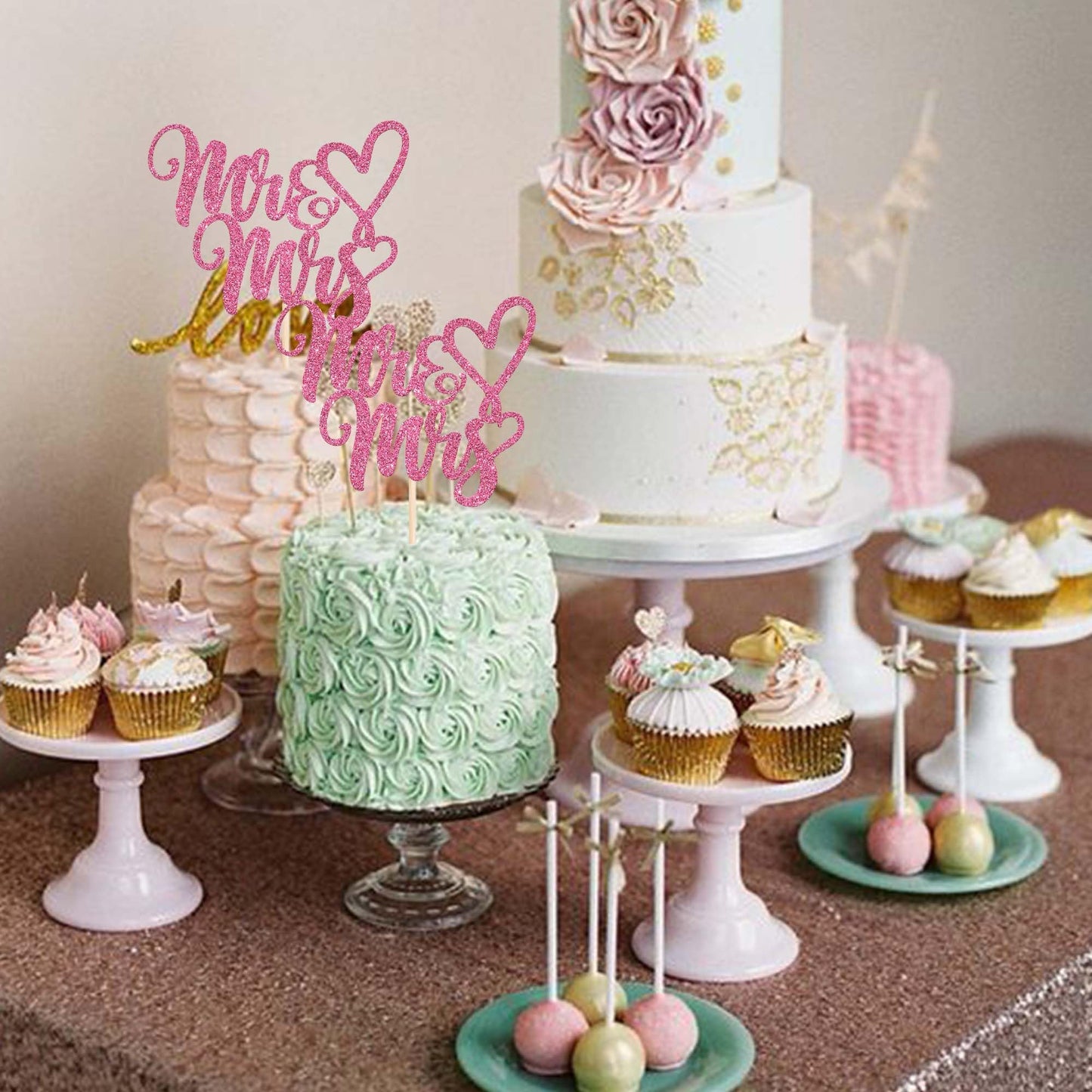 YCTHUNFISH Wedding Cake Topper, Glitter Mr & Mrs Decoration, Pink, Paper, Perfect for Engagement and Bridal Shower Parties