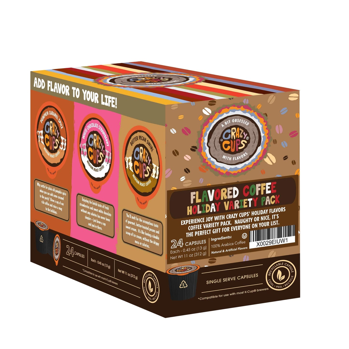 Crazy Cups Flavored Medium Roast Coffee Pods, 24 Count Variety for Keurig K Cup malt-inspired