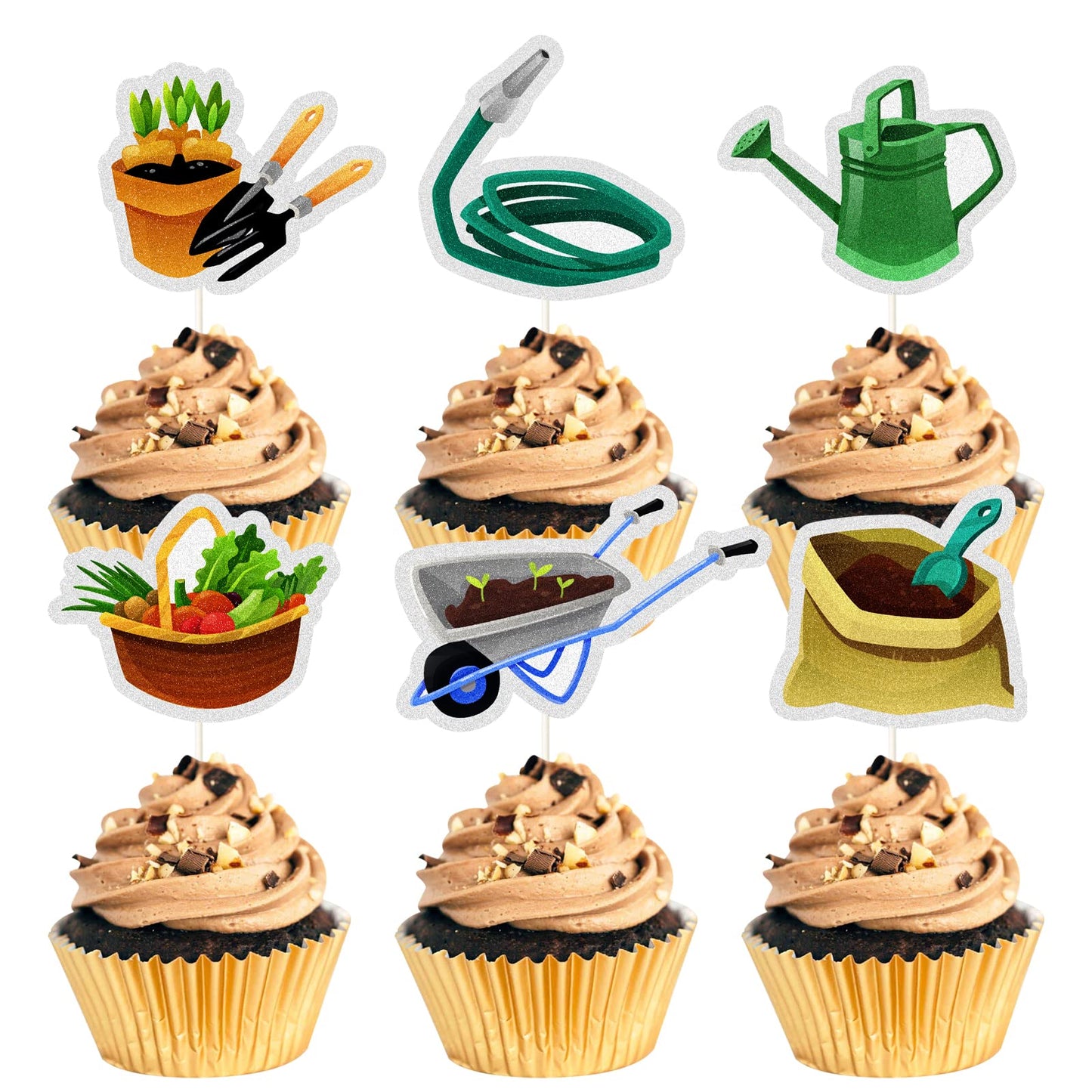 Mefeng 18 Pcs Vegetable Garden Theme Cupcake Topper, Garden Tool Summer Party Dessert Cupcake Decorations - Spring Theme Party D