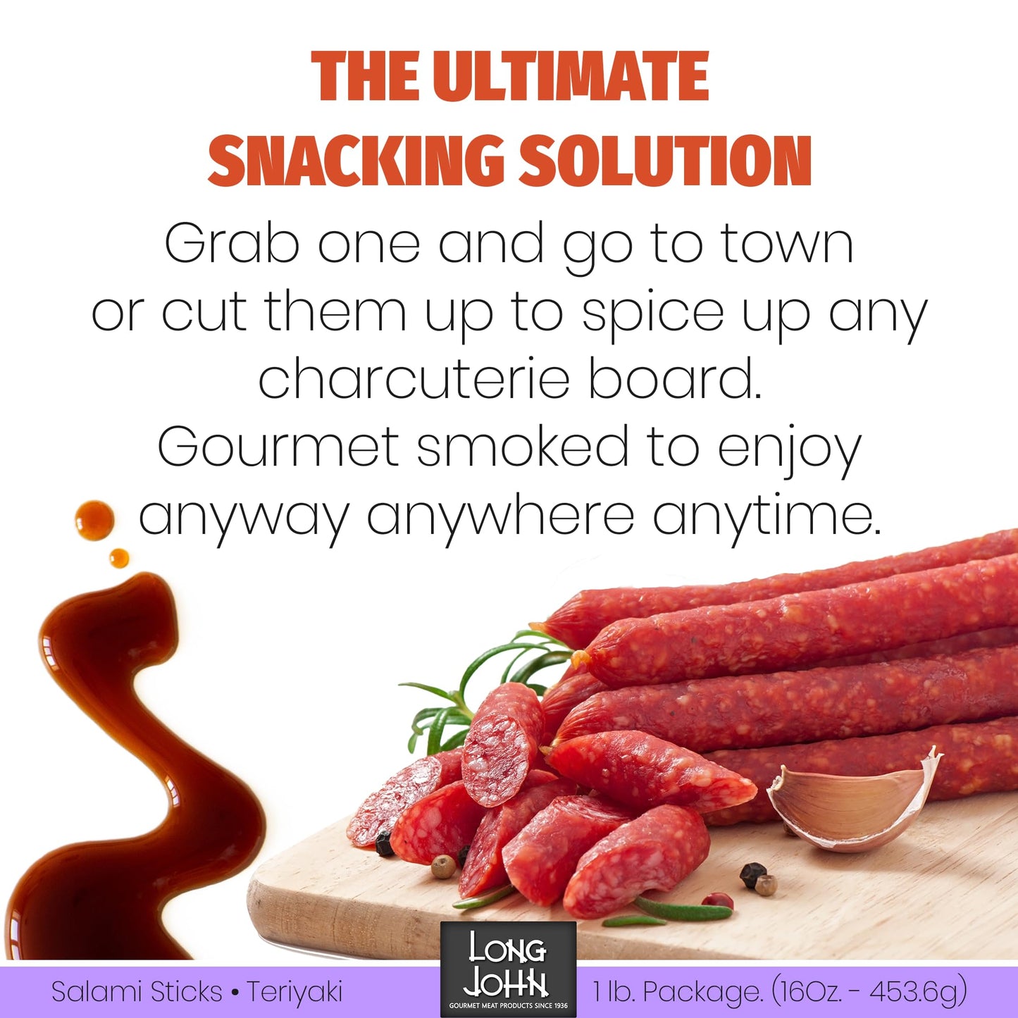 Long John Snacks Dried Salami Sticks - High Protein, Low Carb, Keto - Teriyaki Flavor - 16 Oz Bulk Pack
