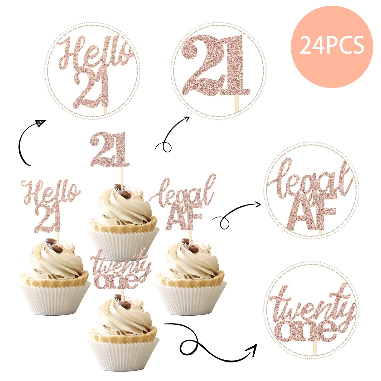 24 Pcs 21St Birthday Cupcake Toppers Legal Hello 21 Twenty One Cupcake Picks 21St Birthday Cake Decorations Supplies Rose Gold