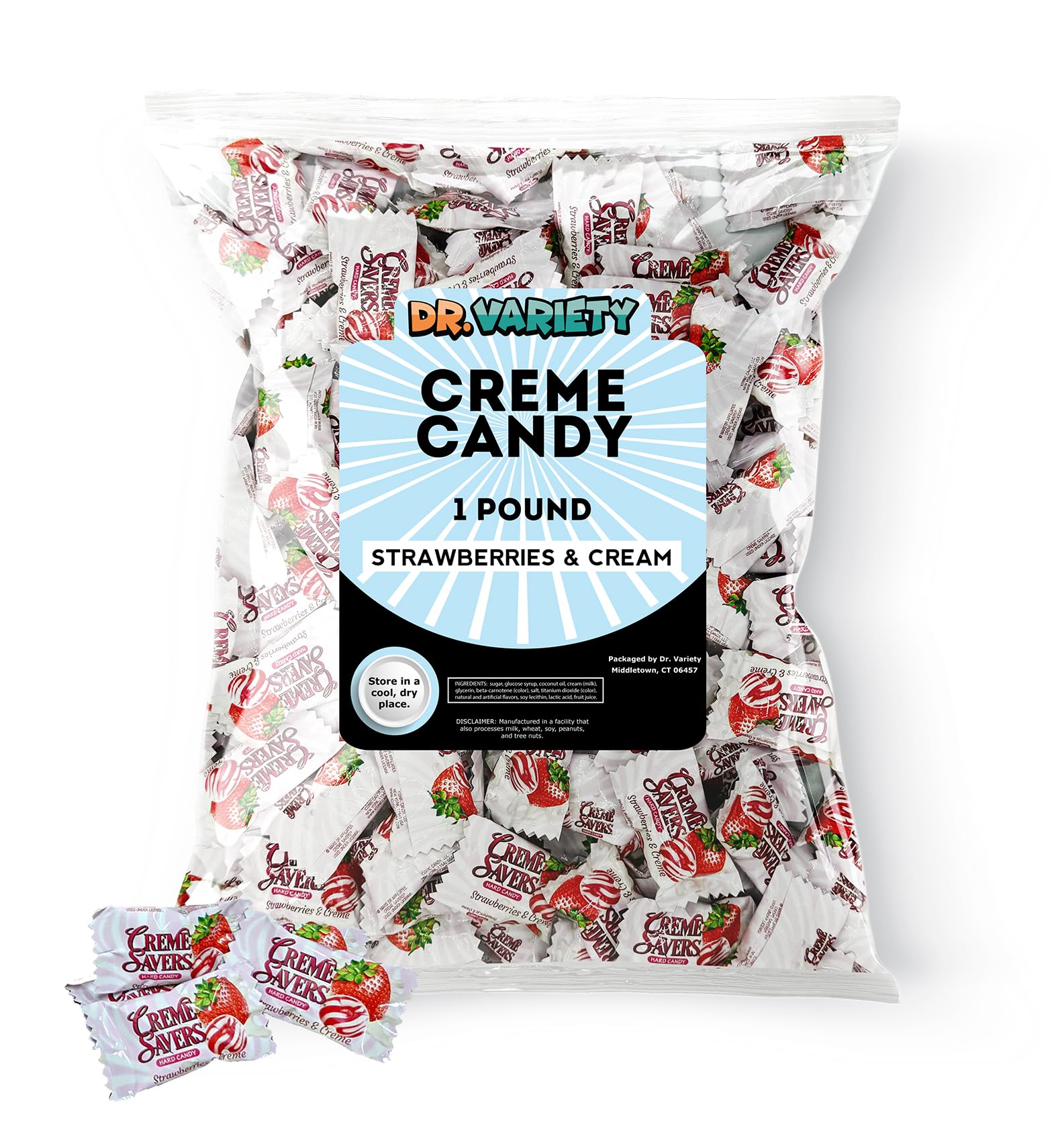 Creme Saver Strawberry Bulk (1 Pound) - Strawberries And Creme Hard Candy - Pink Candy Bulk, Strawberry Candies, Individually Wrapped Hard Candy