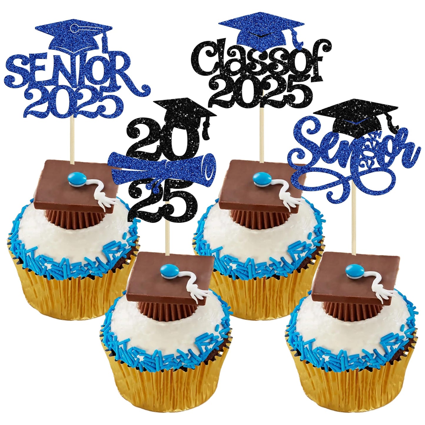 Gyufise 24Pcs 2025 Graduation Cupcake Toppers Glitter Class of 2025 Cupcake Picks Senior 2025 Cupcake Decorations for Senior 202